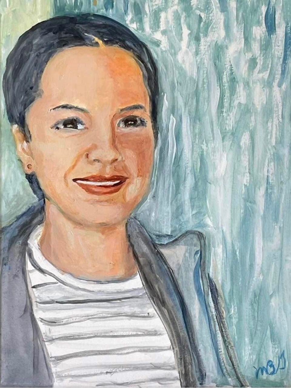 Stylized portrait of a smiling woman in a striped shirt and blue jacket against a textured green background