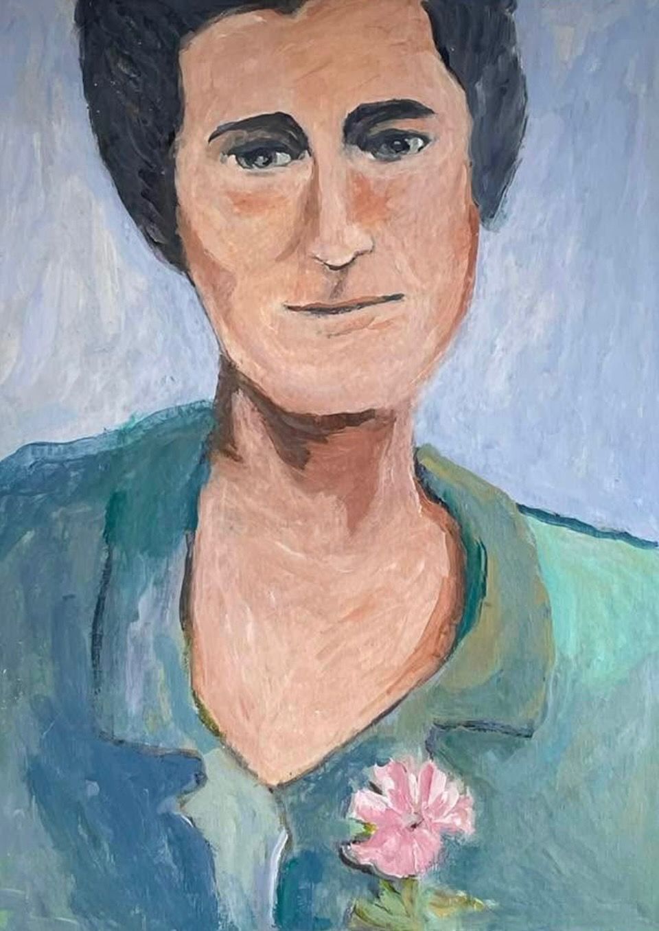 Portrait of a person in a green shirt with a pink flower pin, painted in soft brushstrokes
