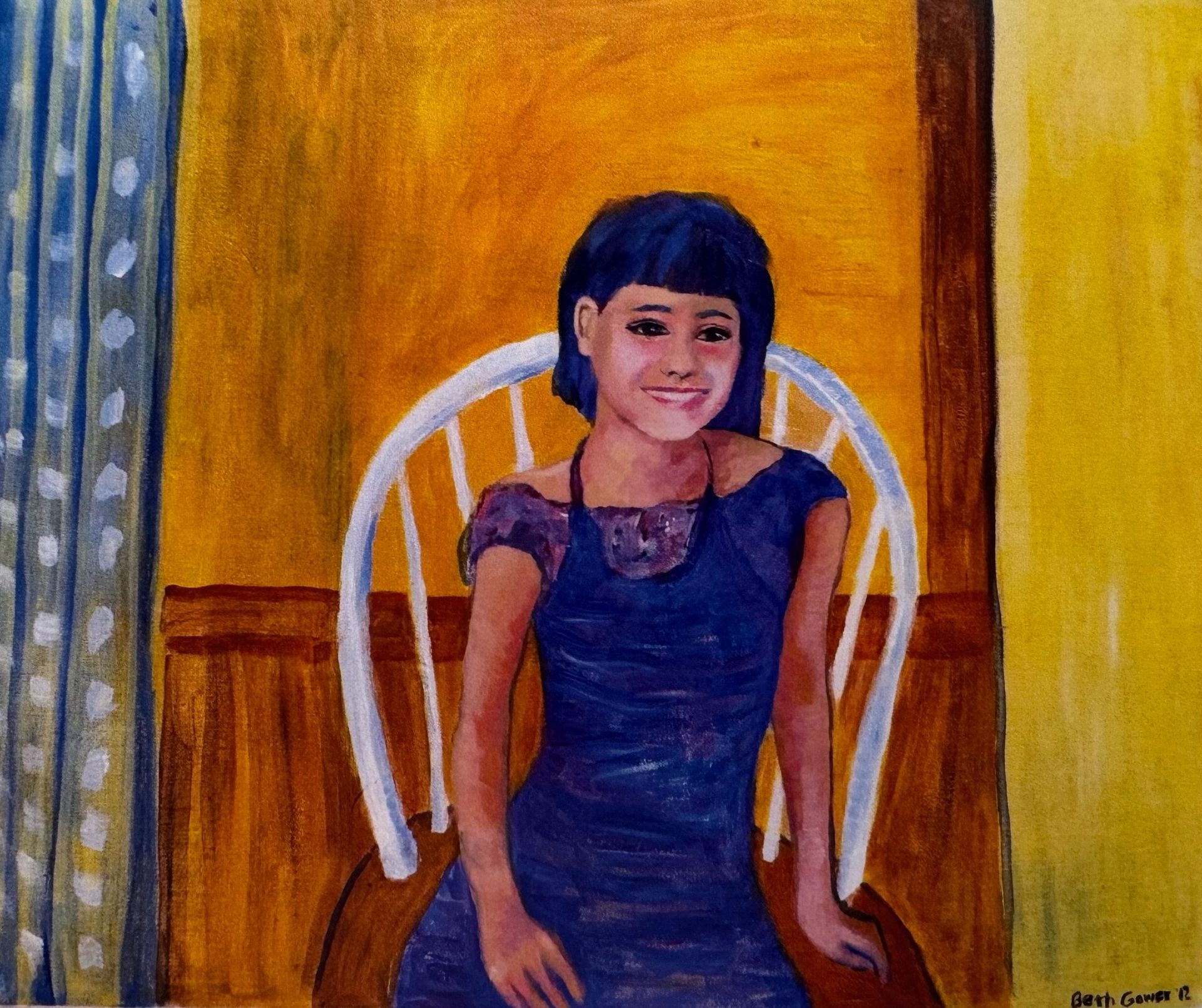 Portrait painting of a smiling child seated on a white chair against a yellow-orange background.