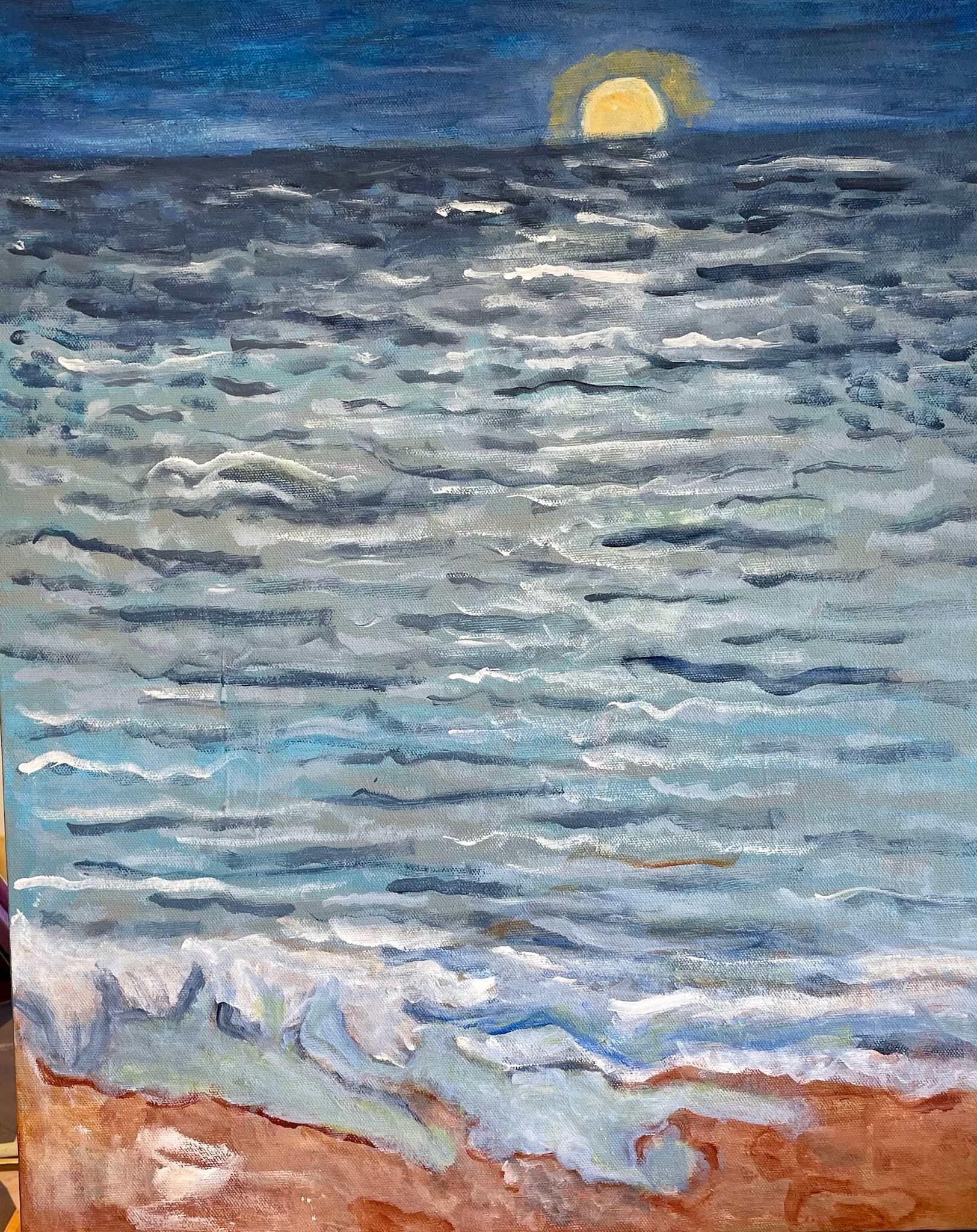 Moonlit ocean waves washing onto a sandy beach at dusk, painted in blue and white.