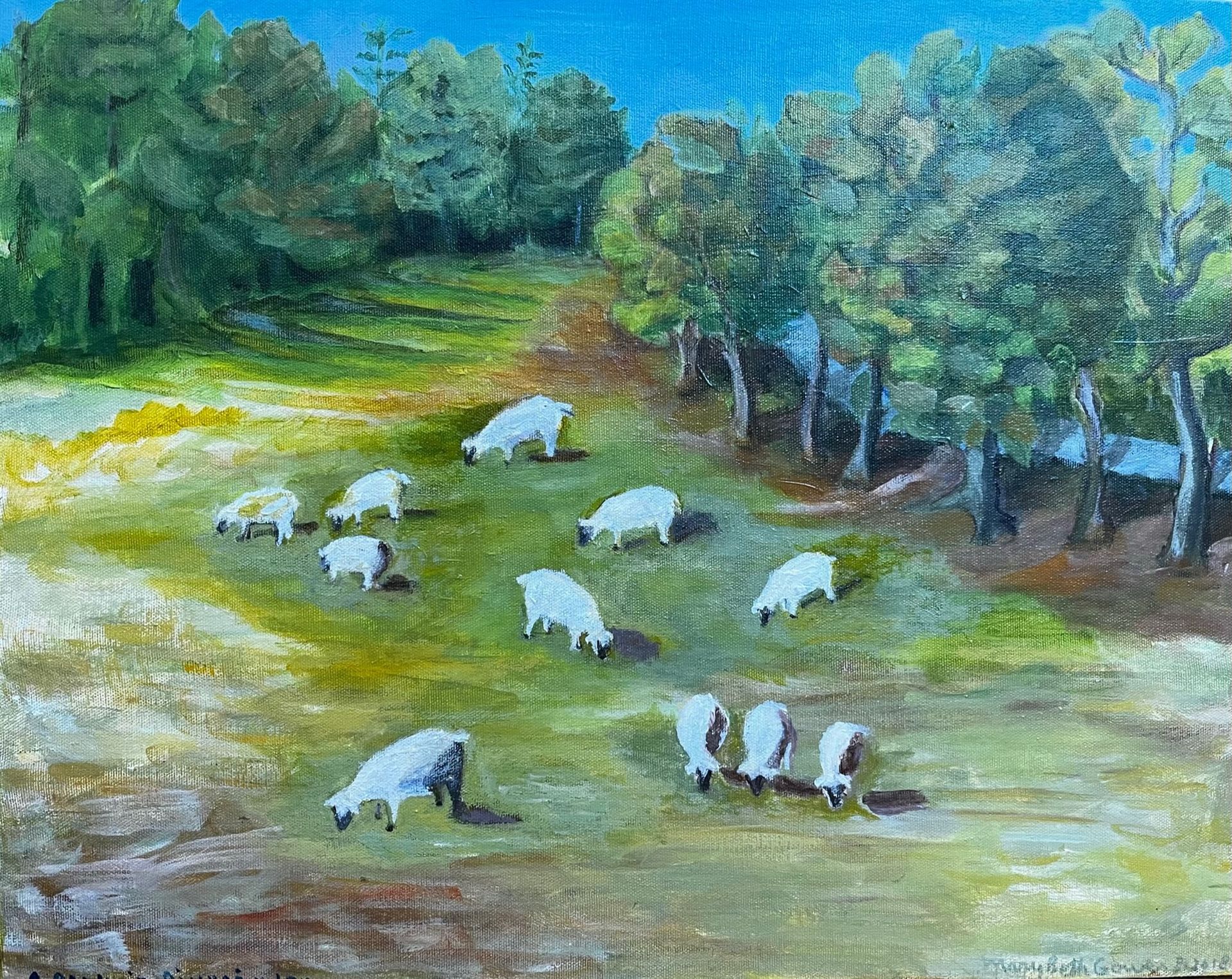 Sheep grazing in a grassy meadow beside trees under a bright blue sky.