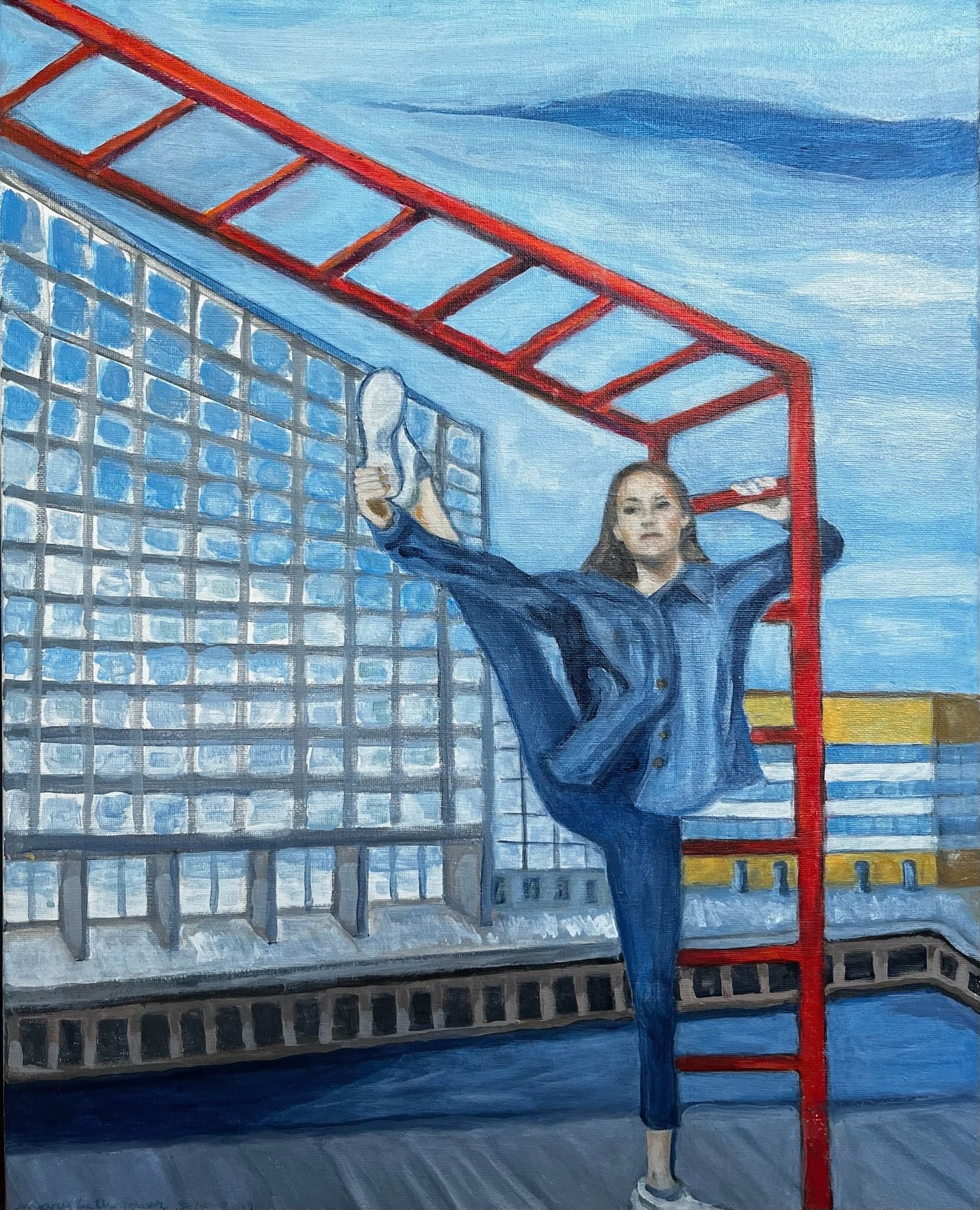 Person in blue stretching on a red playground ladder against a blue sky and building.