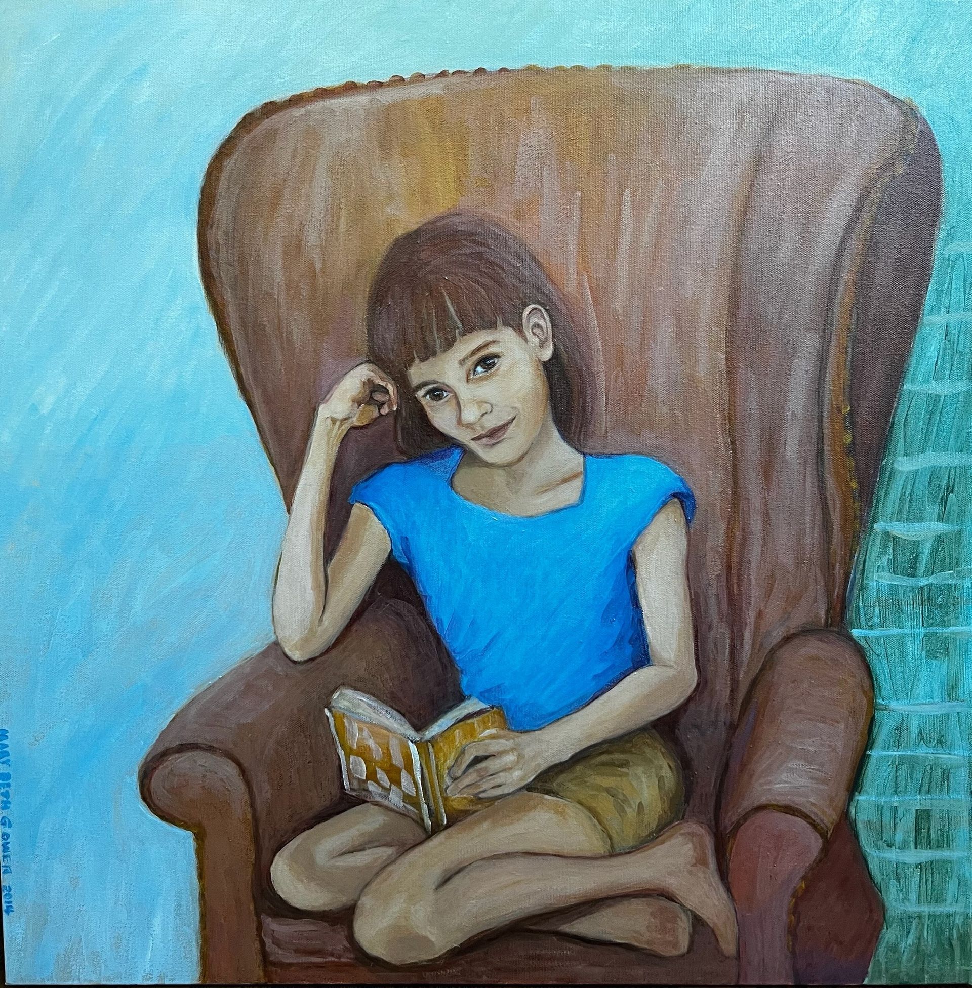 Person reclining in a brown armchair, reading a book against a blue background.