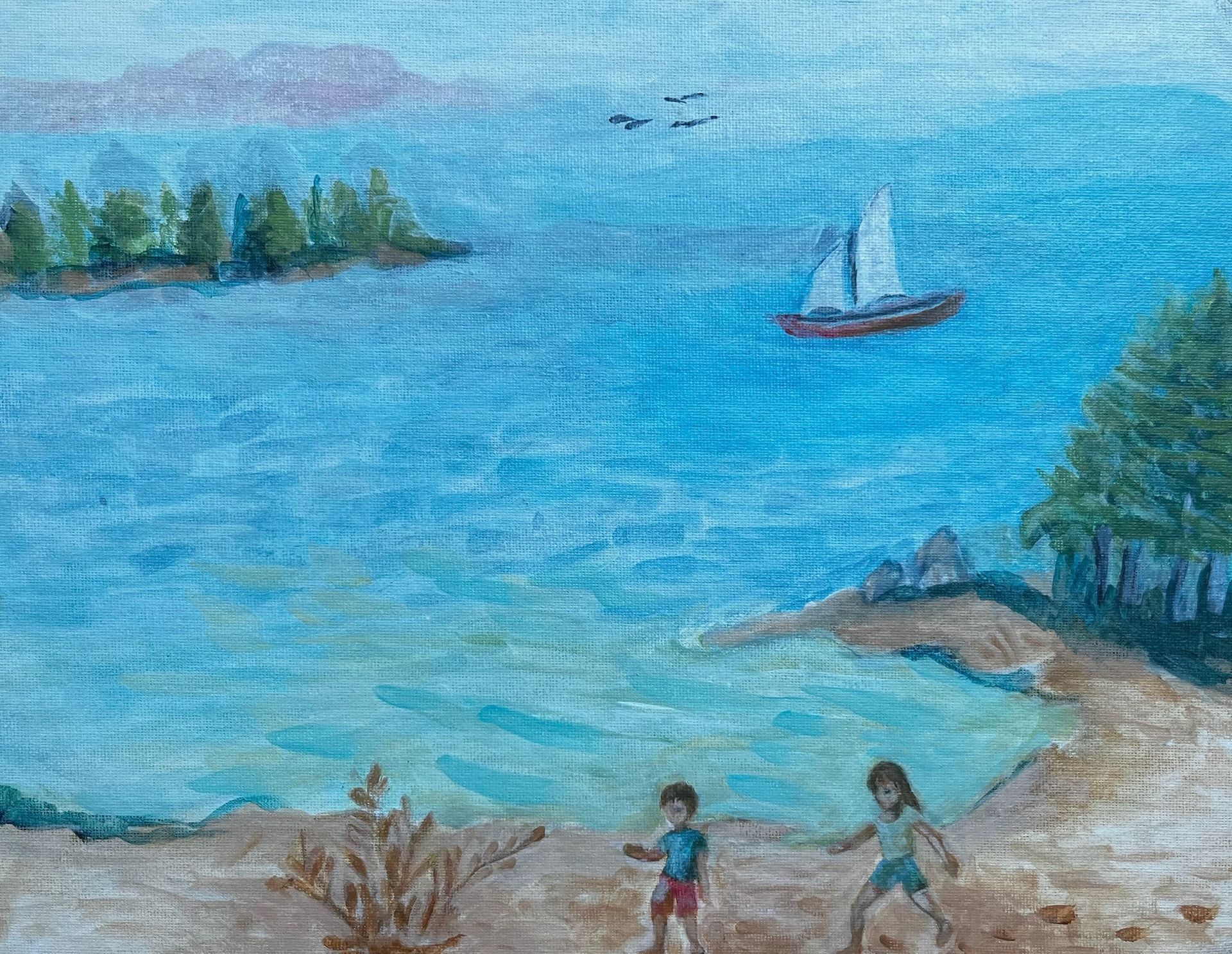 Children on a sandy beach by blue water, with a sailboat and distant trees under a bright sky.