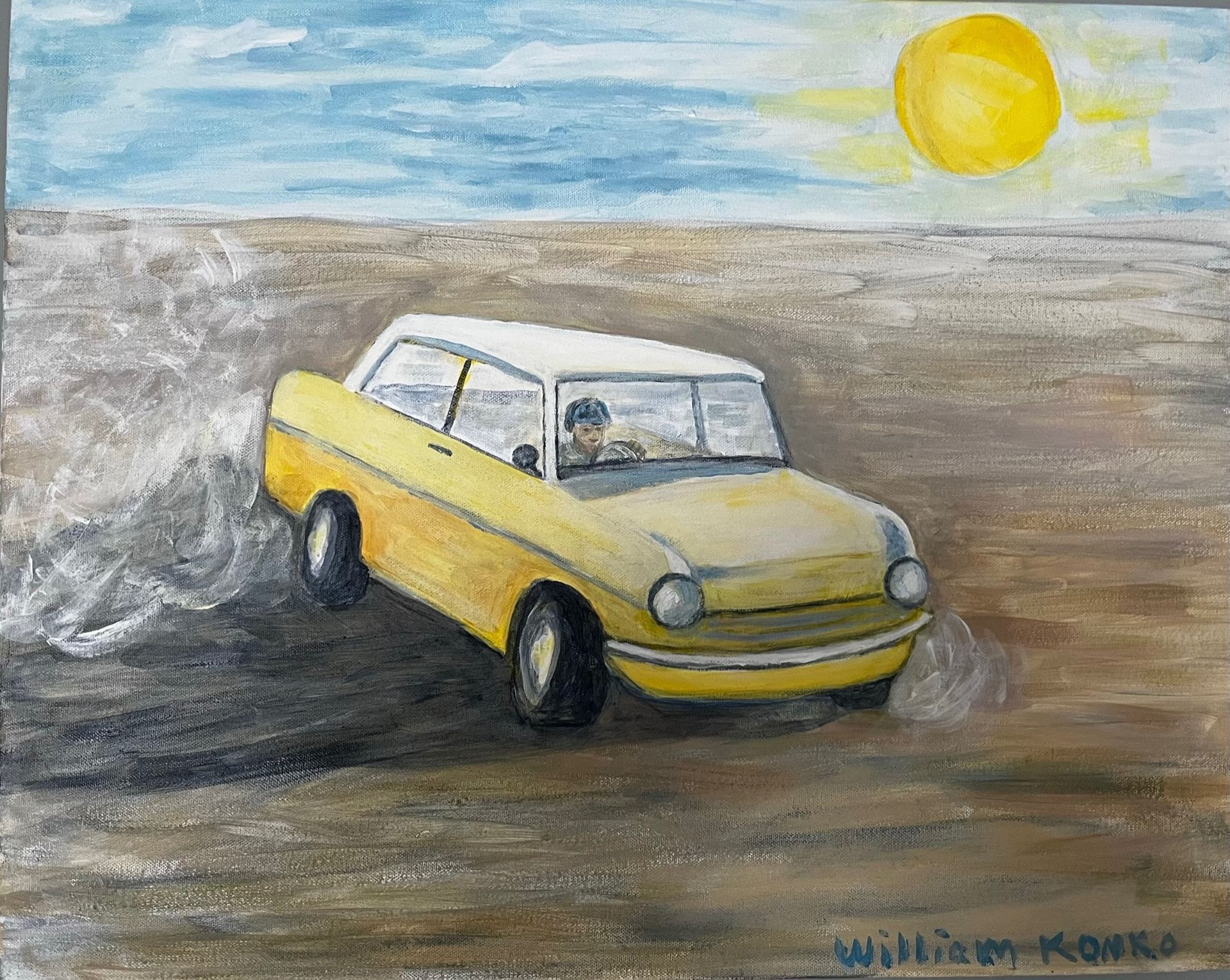 Yellow car driving on a dusty road under a bright sun in a wide, open landscape.