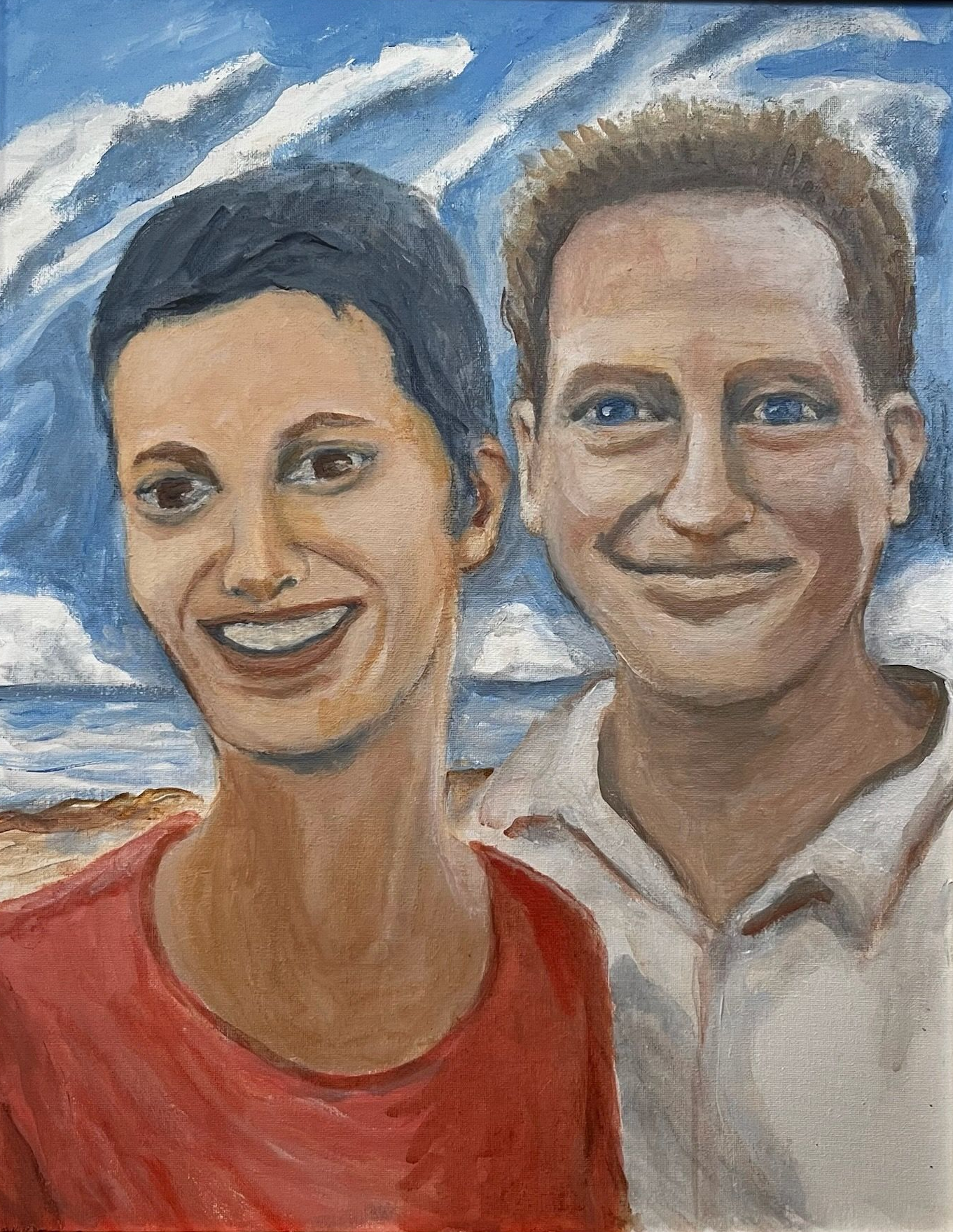 Two smiling people in front of a bright blue sky with white clouds, painted in a soft, colorful style