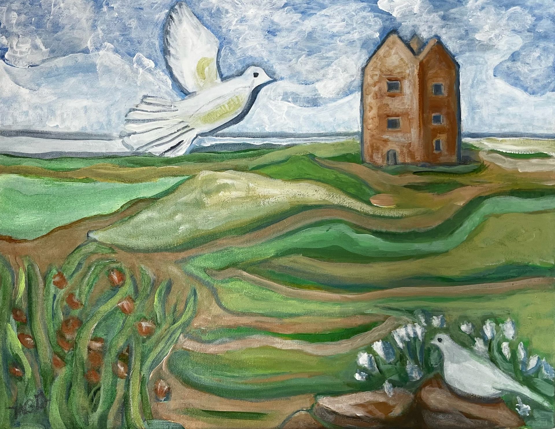 White dove flying over green fields toward a small brown house under a cloudy sky