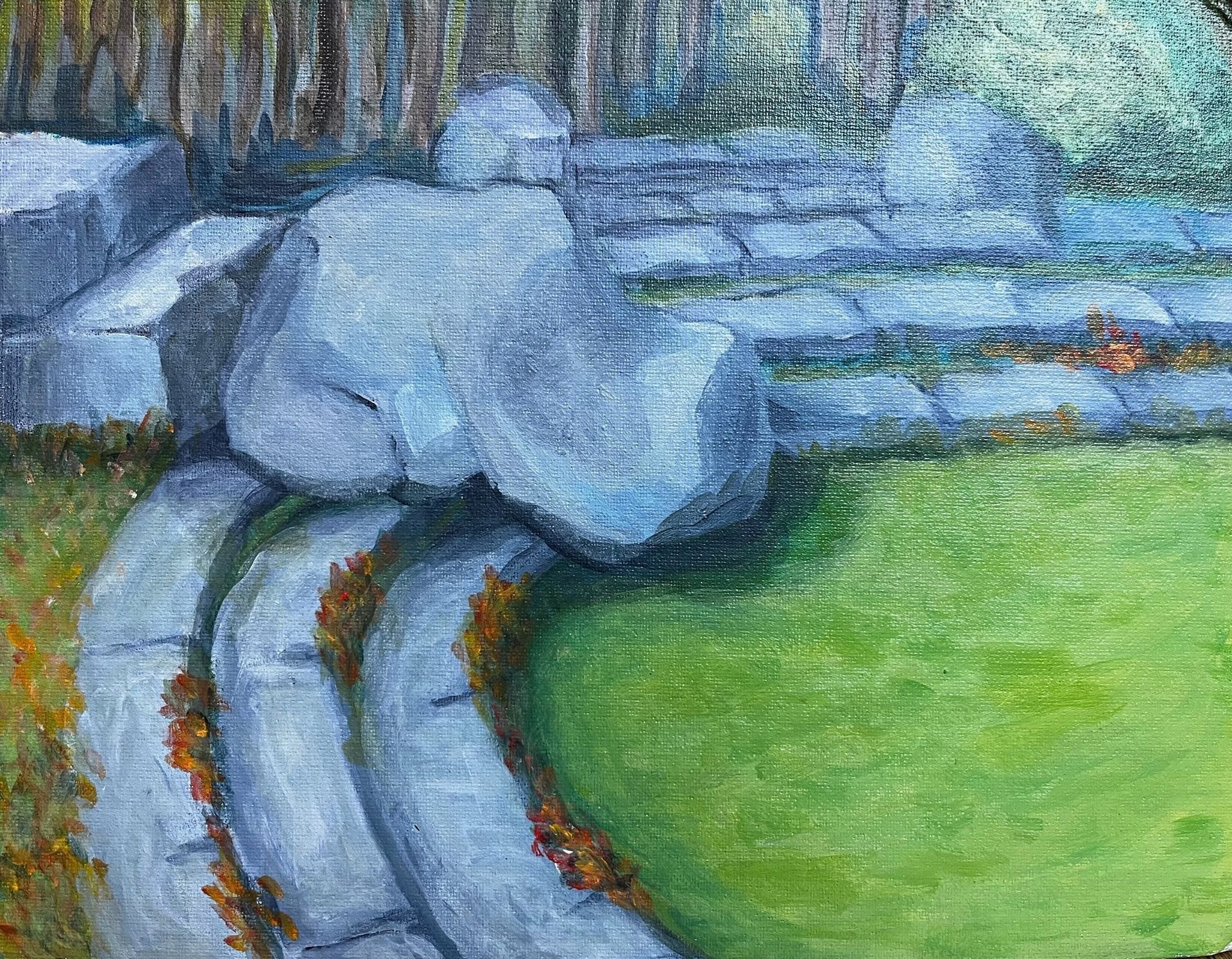 Abstract painting of a blue stone structure with curved paths beside a green lawn and water