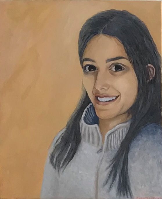 Portrait painting of a smiling person with long dark hair in a gray sweater on a warm beige background