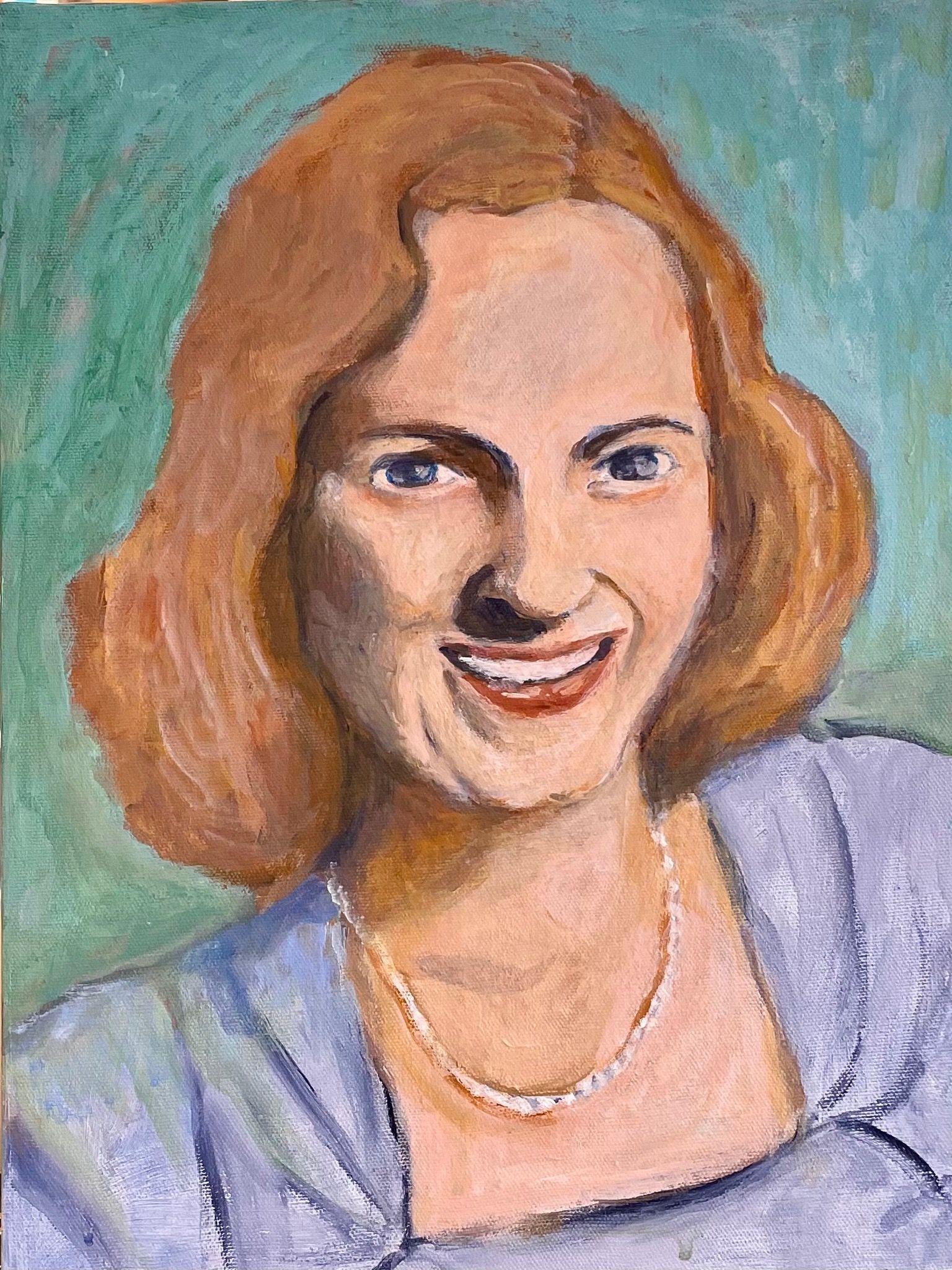 Portrait painting of a smiling person with red hair in a light blue top against a teal background