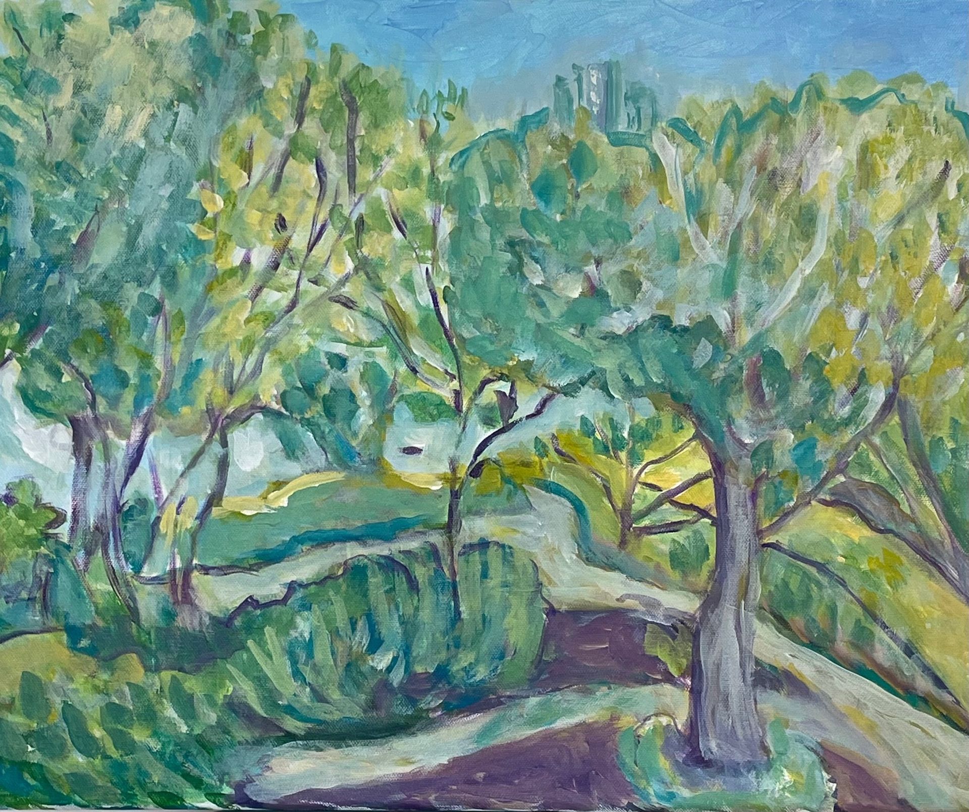 Impressionist painting of a green park with trees, a pond, and a winding path.