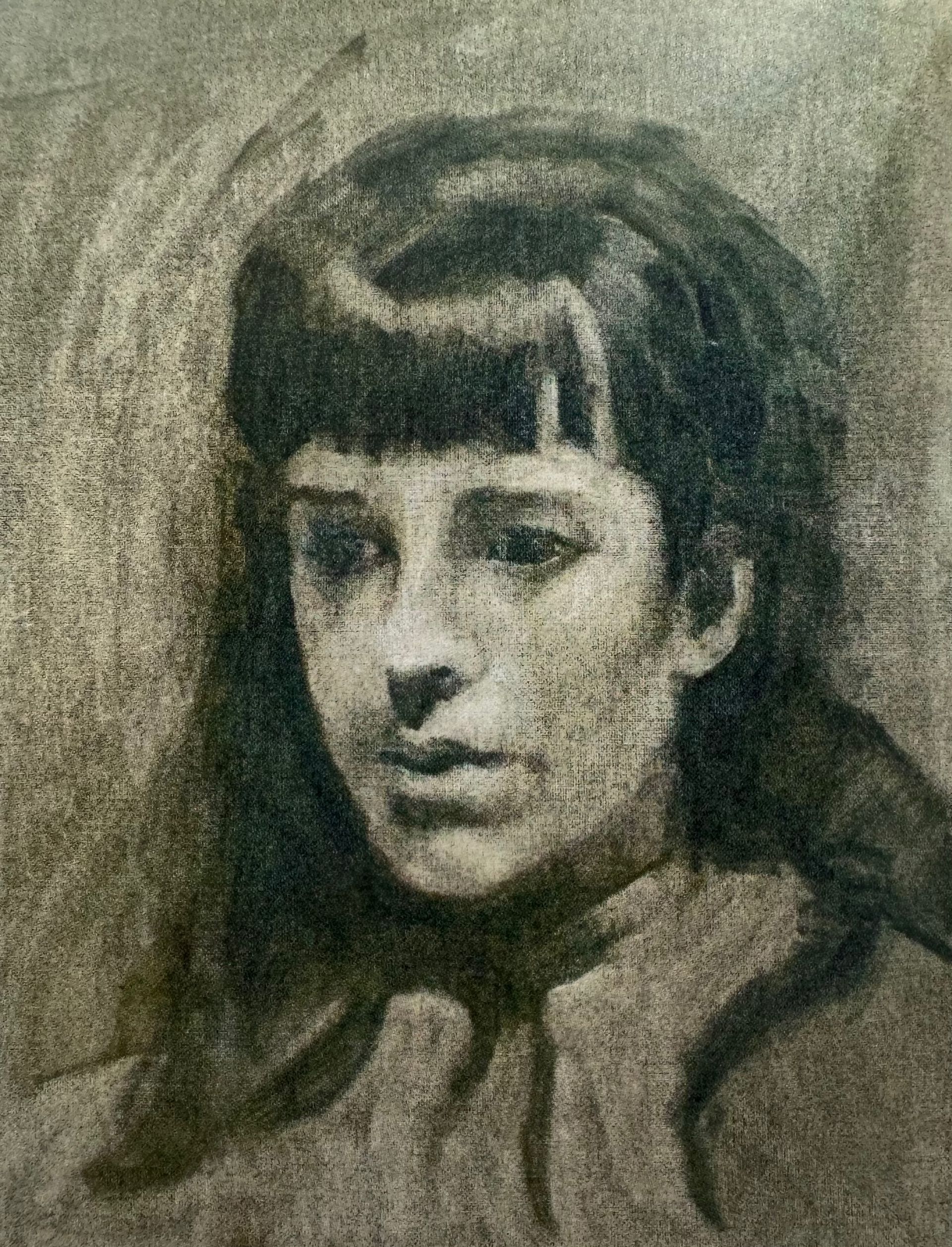 Charcoal portrait of a person with short dark hair and a serious expression