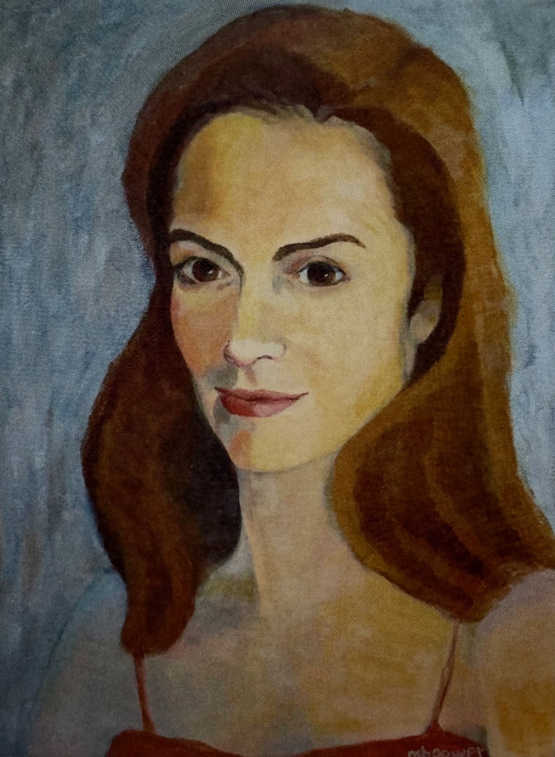 Portrait painting of a person with brown hair against a blue-gray background.