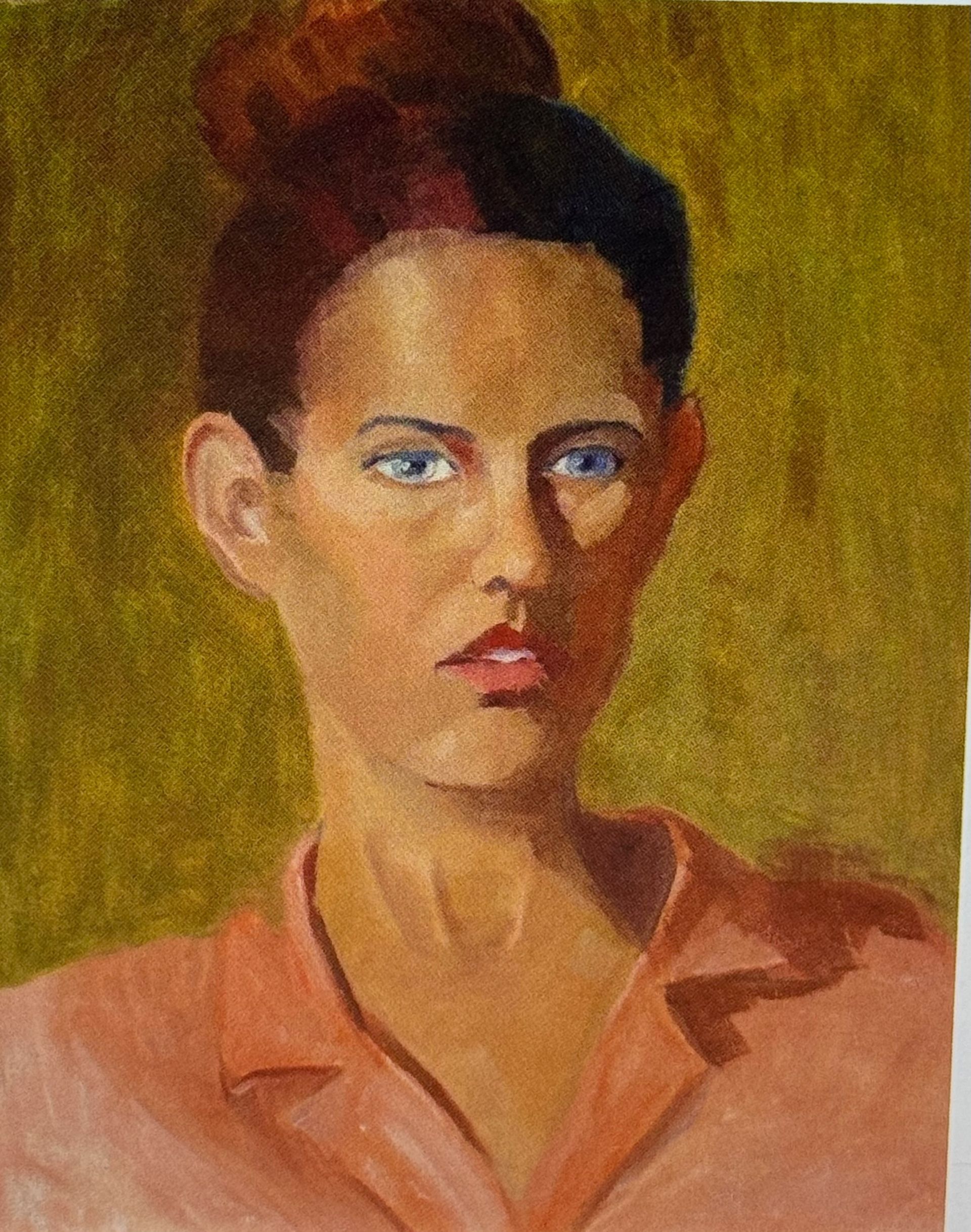 Painted portrait of a person in a peach shirt against a yellow-green background, with a serious expression