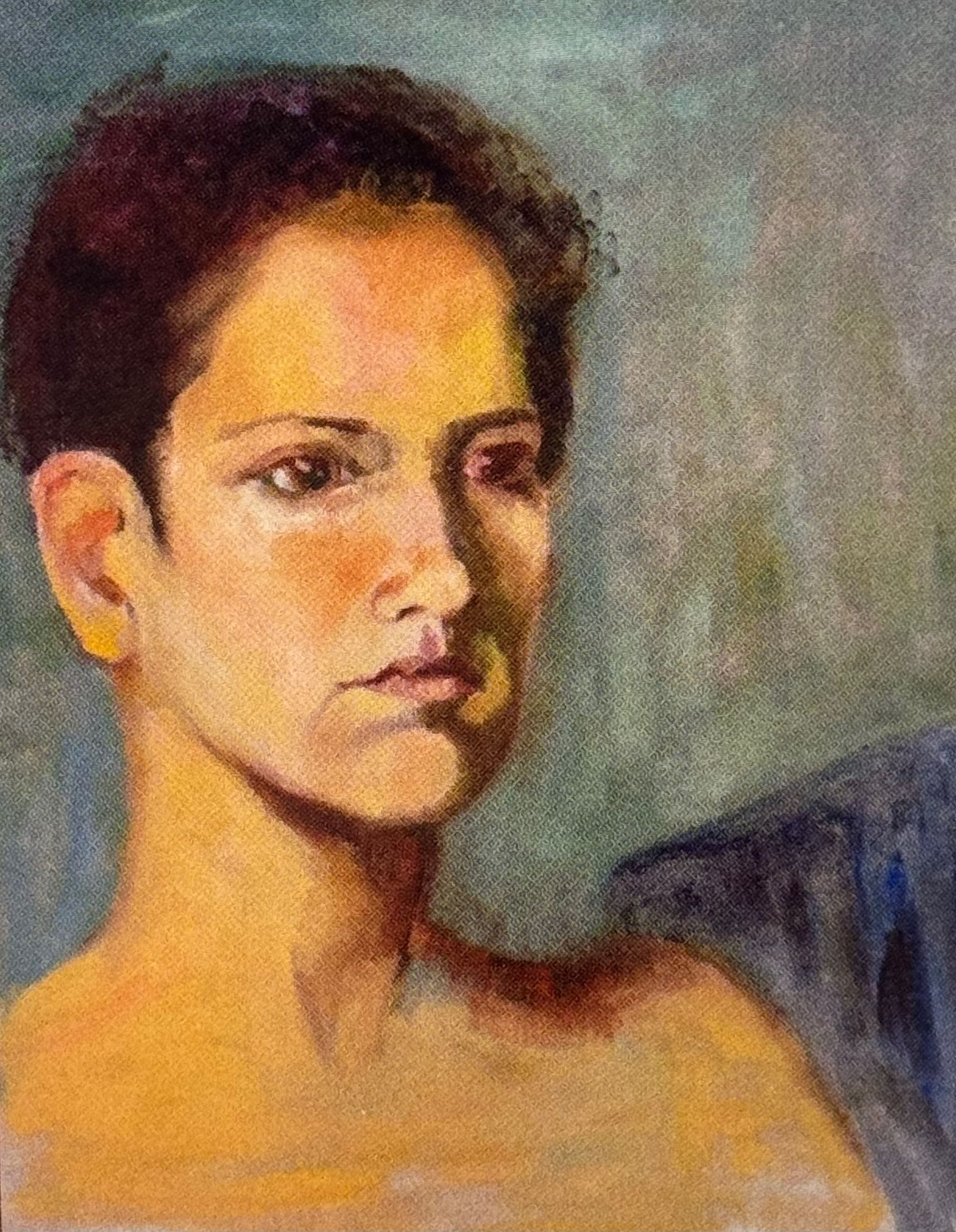 Portrait painting of a person with short dark hair and a neutral expression against a muted background
