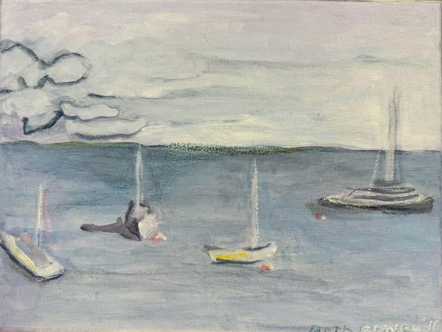 Sailboats on calm blue water under a cloudy sky, with a dark ship in the distance