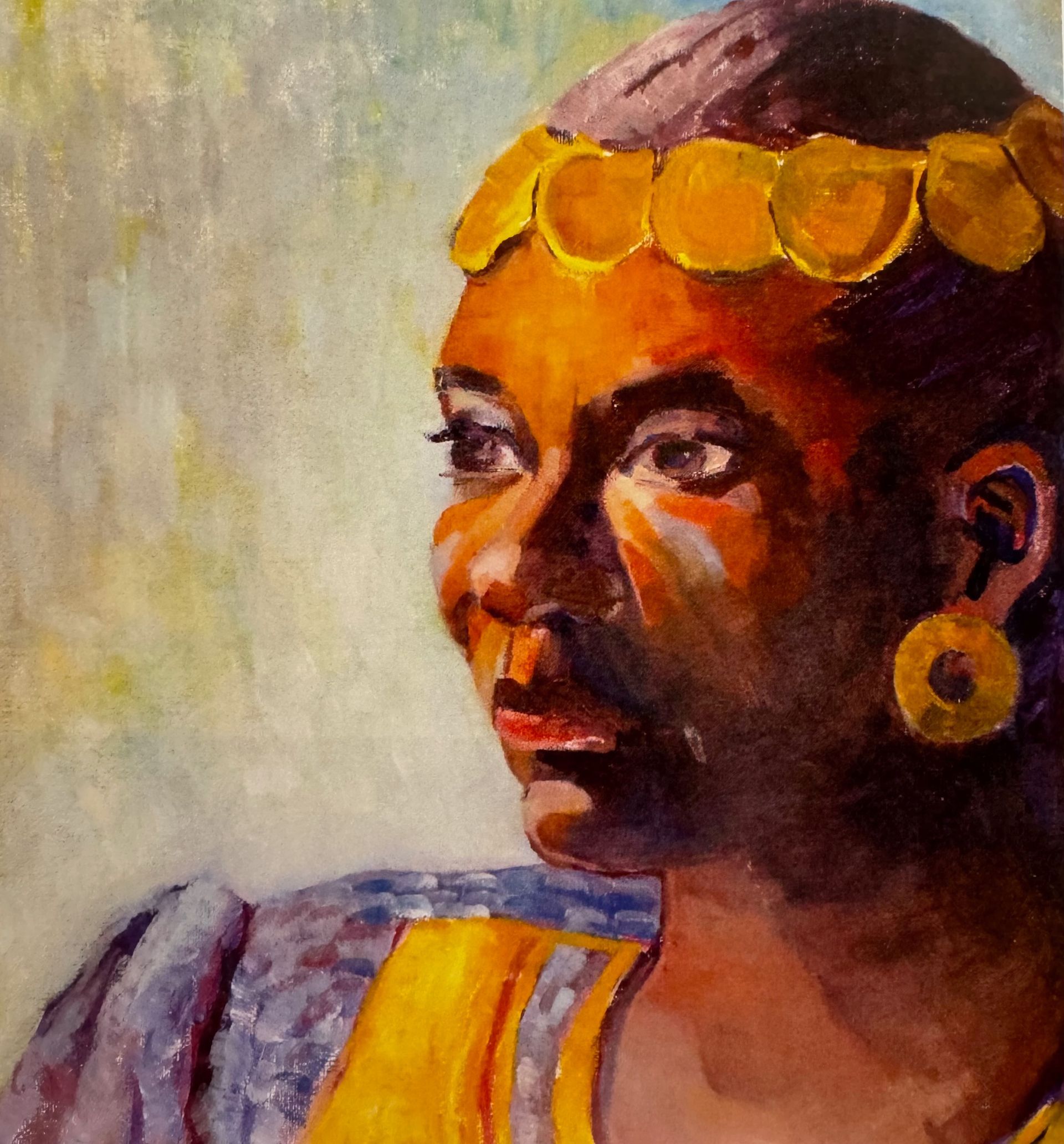 Portrait of a woman with a gold headpiece and earrings, gazing left in warm orange and purple tones