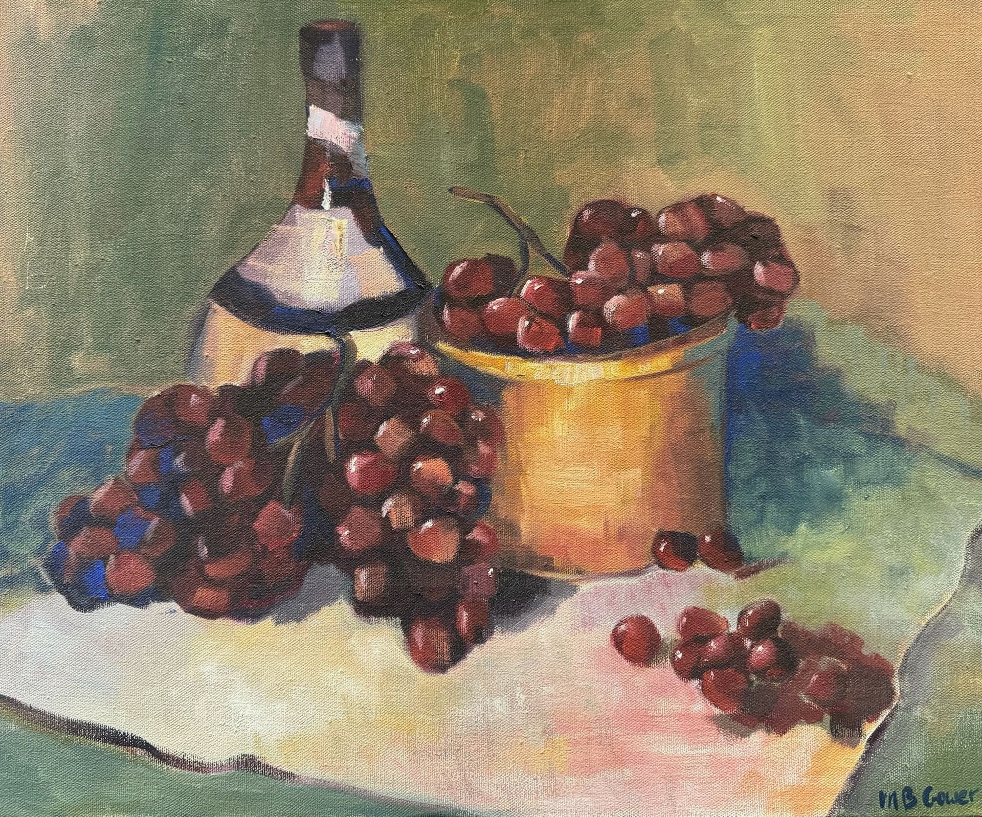 Still life of grapes in a bowl and on a table beside a bottle, painted in muted colors