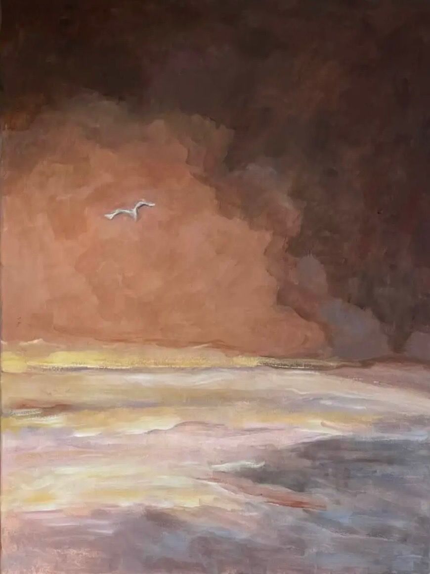 Abstract seascape with a glowing horizon, dark cloudy sky, and a small white bird overhead