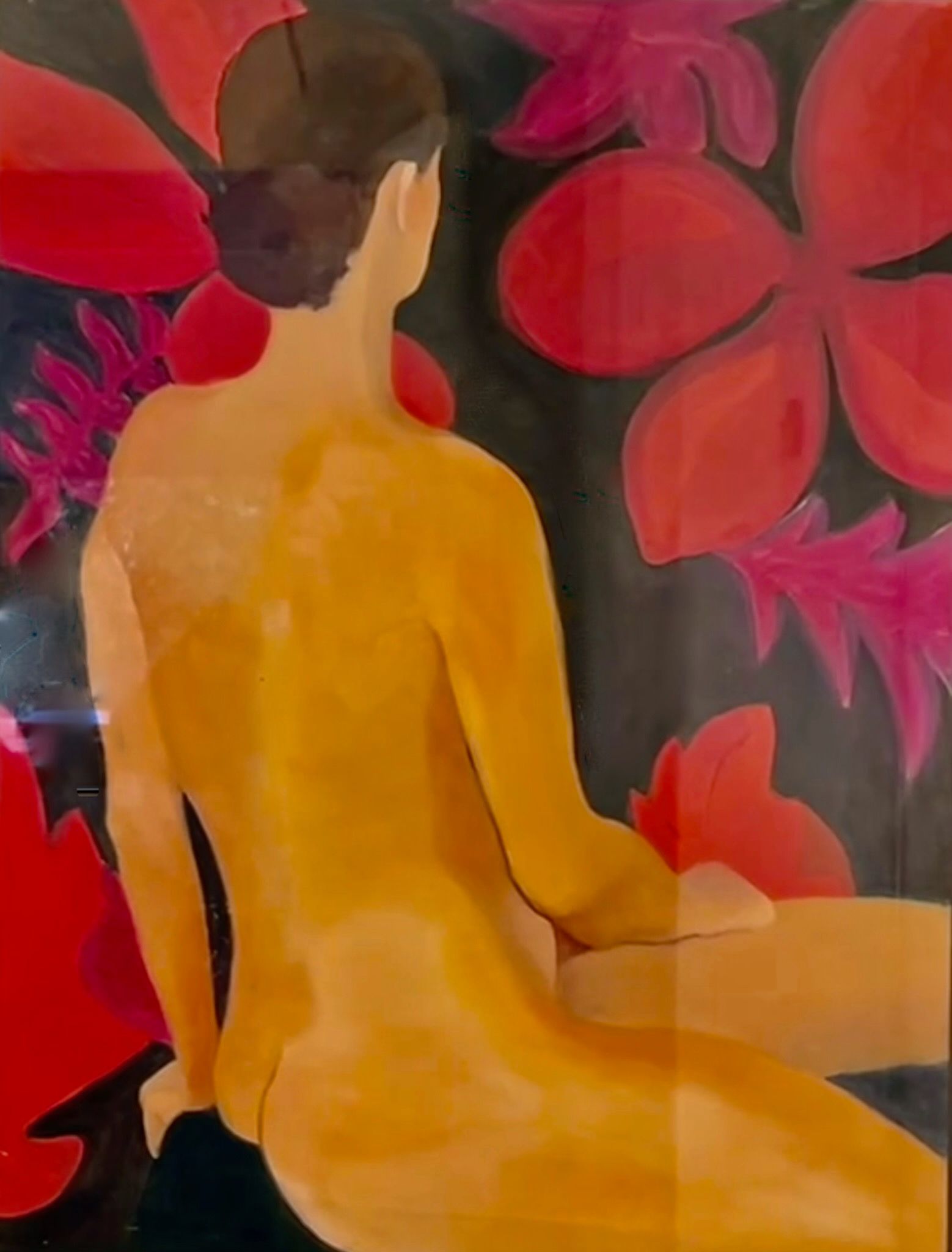 A seated nude figure in yellow against a dark background with large red floral shapes.