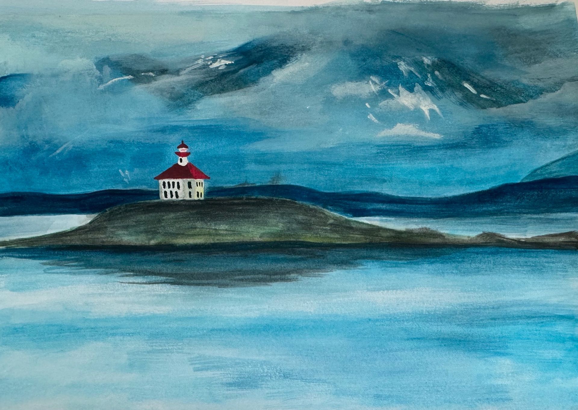 Lighthouse on a small island beneath stormy blue clouds, with calm water in the foreground