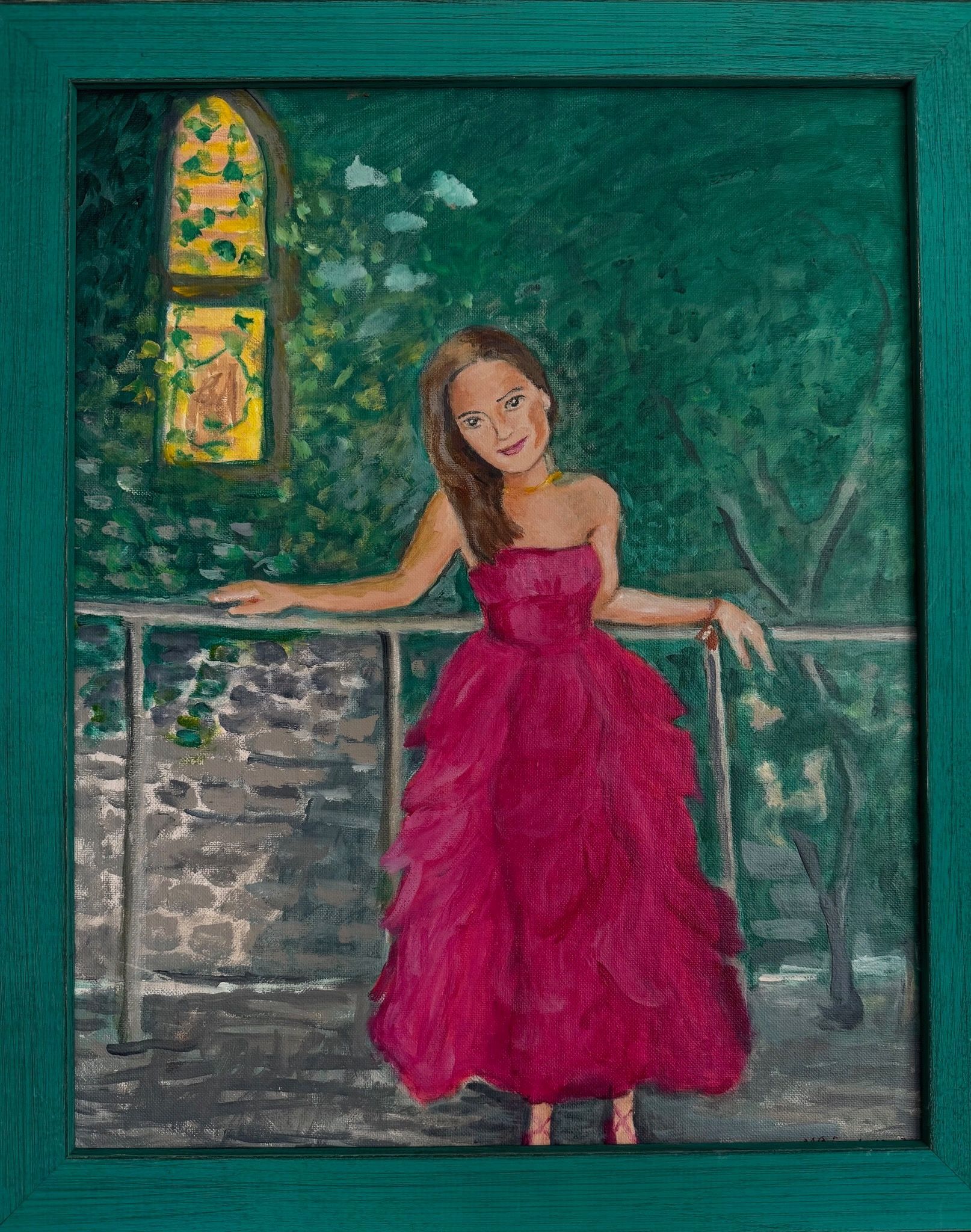 Woman in a bright pink dress posing by a railing in a green, painted room