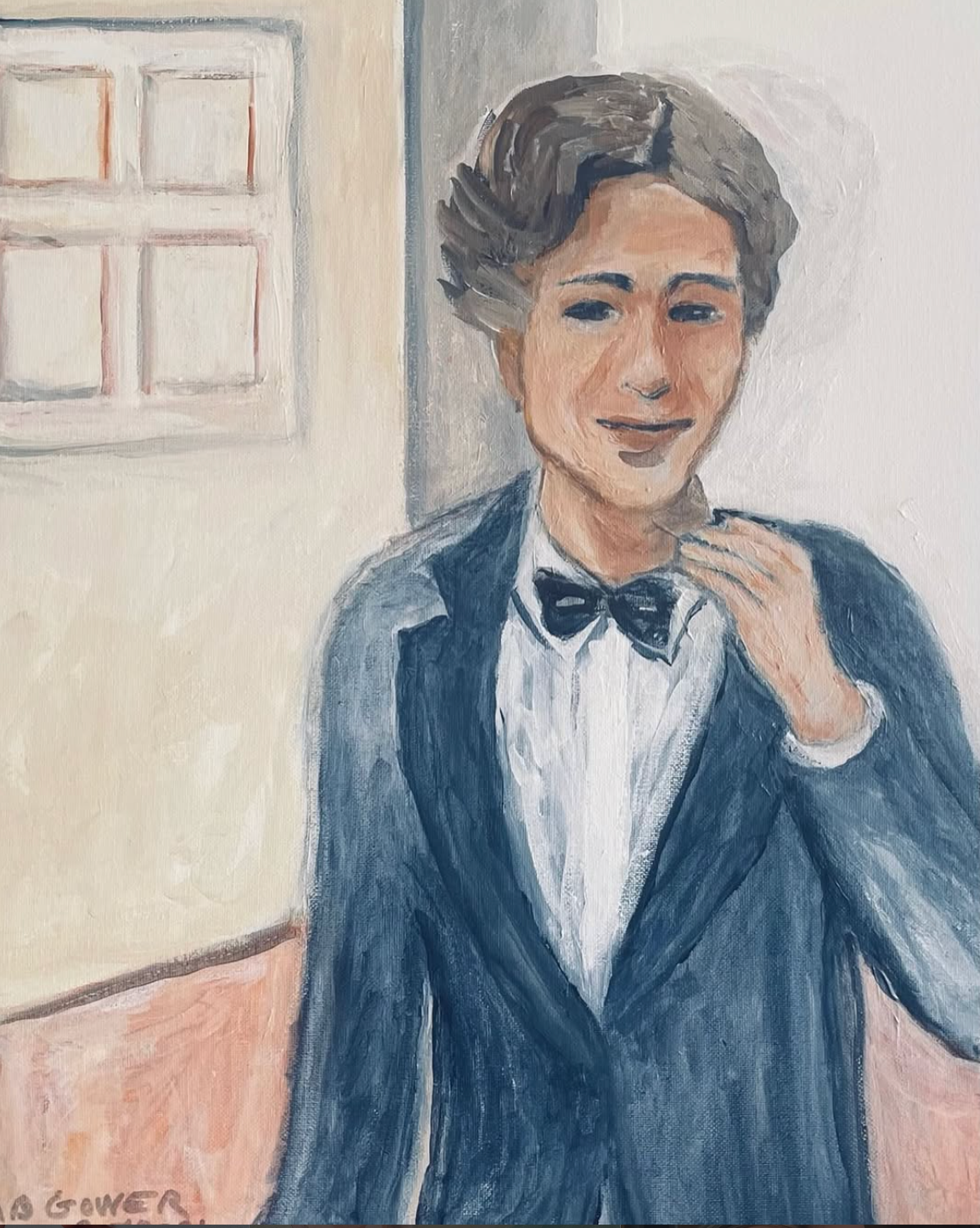 Painted portrait of a person in a blue suit adjusting a bow tie beside a window.