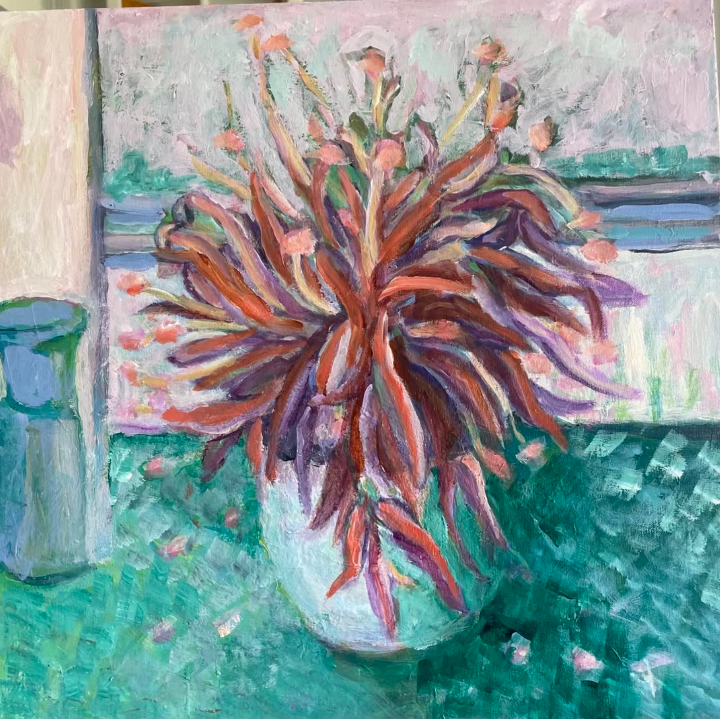 Abstract painting of a spiky multicolored plant in a pot against a soft pink, blue, and green background