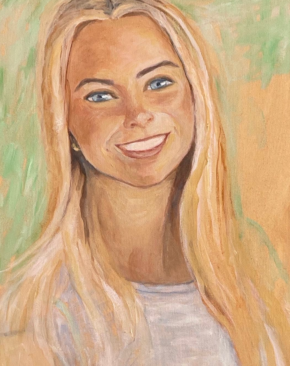Portrait painting of a smiling blonde woman in a white top against a soft green and peach background