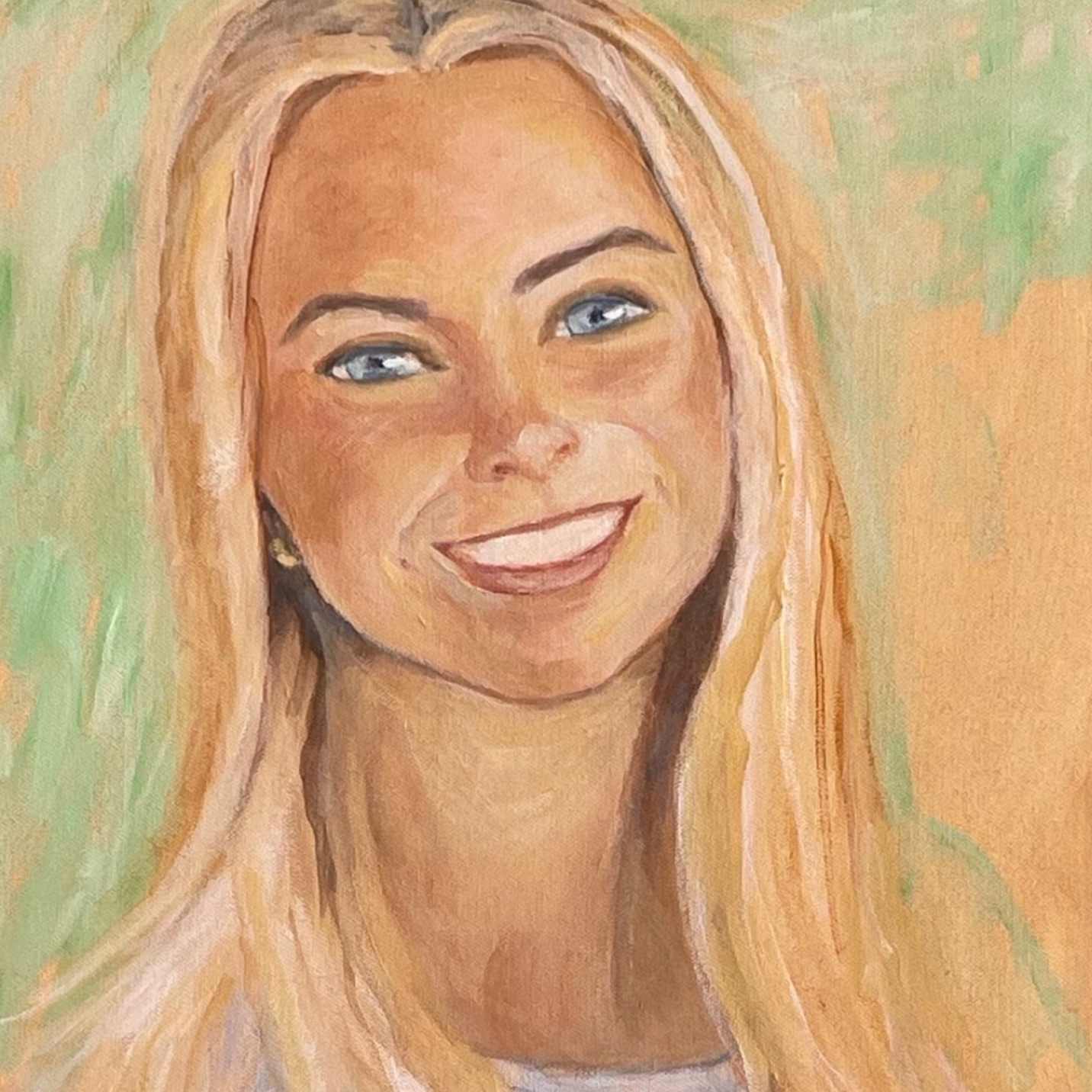 Painted portrait of a smiling blonde woman with blue eyes on a soft green background