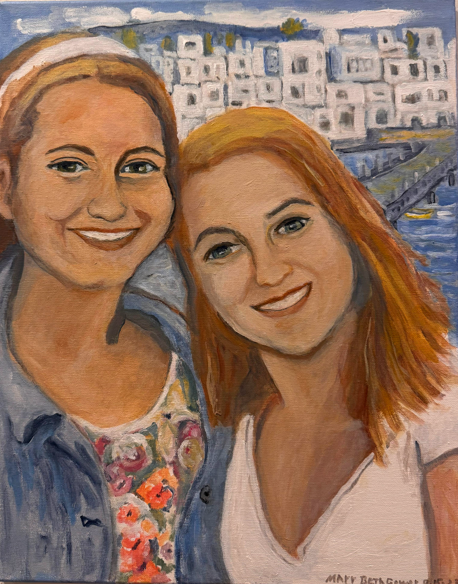 Two smiling people in sunglasses posing outdoors in front of a park scene.