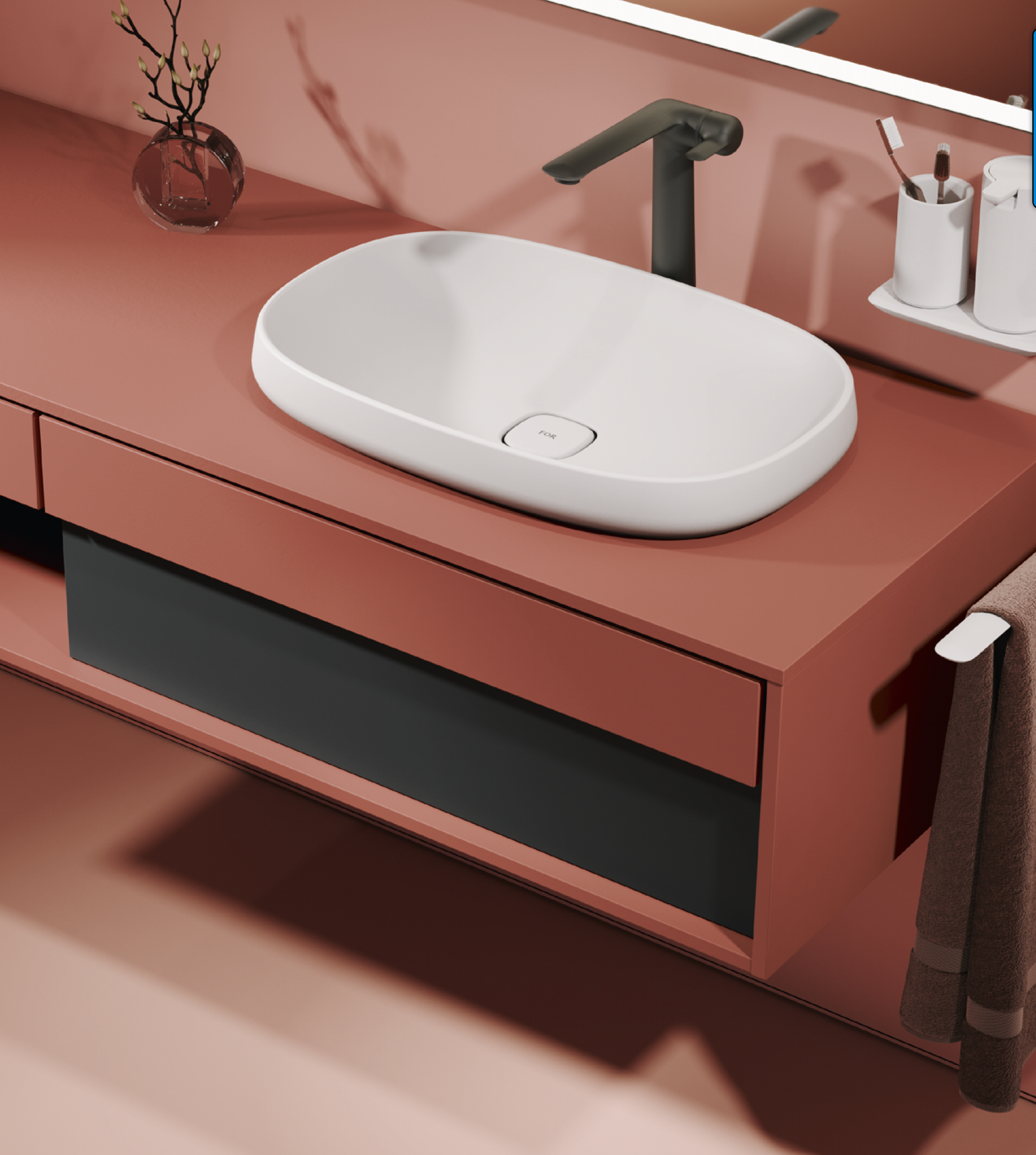 Eine Badezimmerablage mit Waschbecken und Spiegel