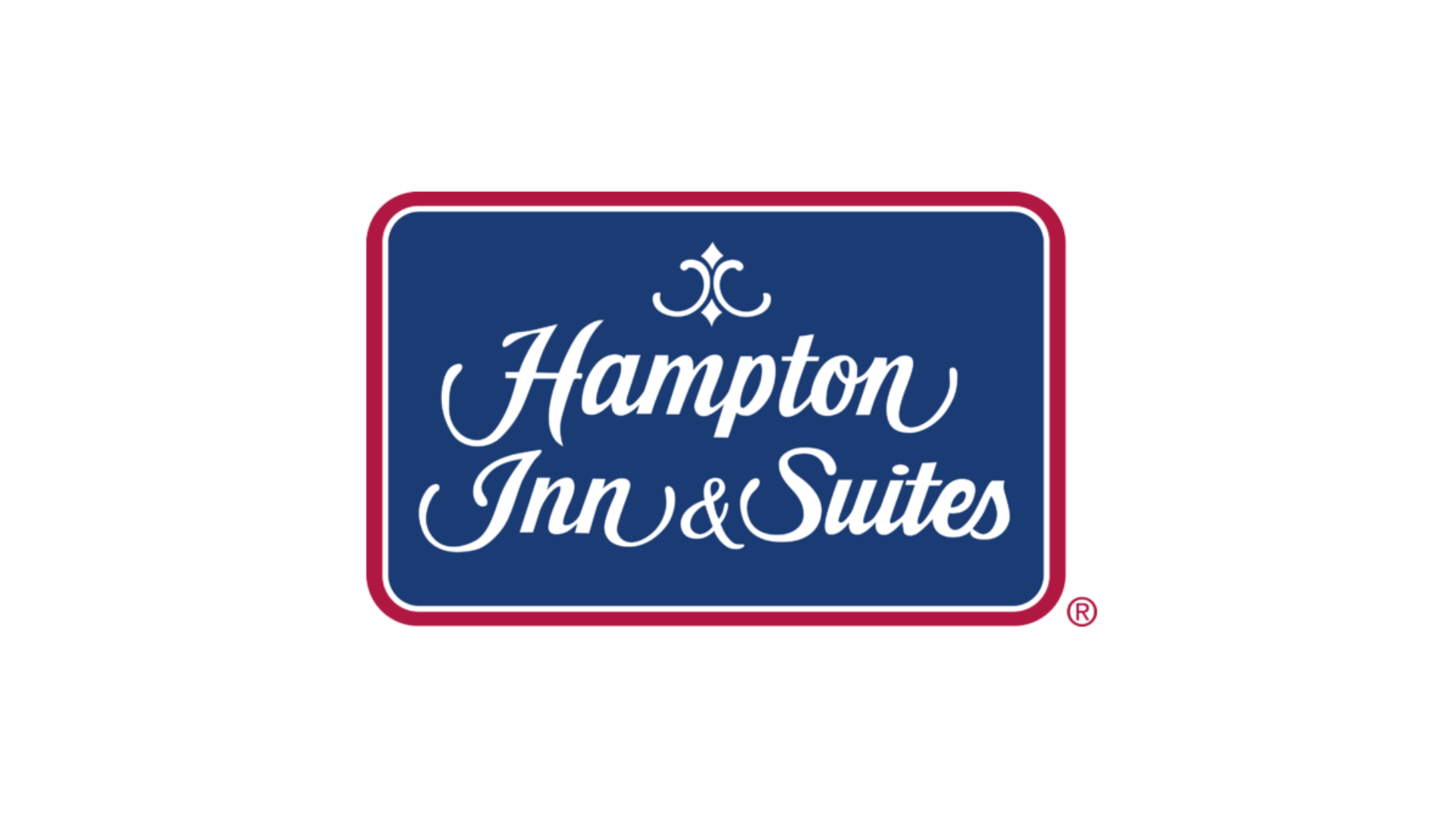 The logo for hampton inn and suites is blue and red.