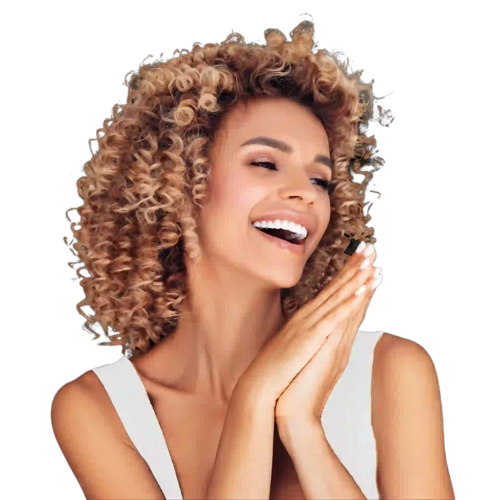 A woman with curly hair is smiling and covering her face with her hands