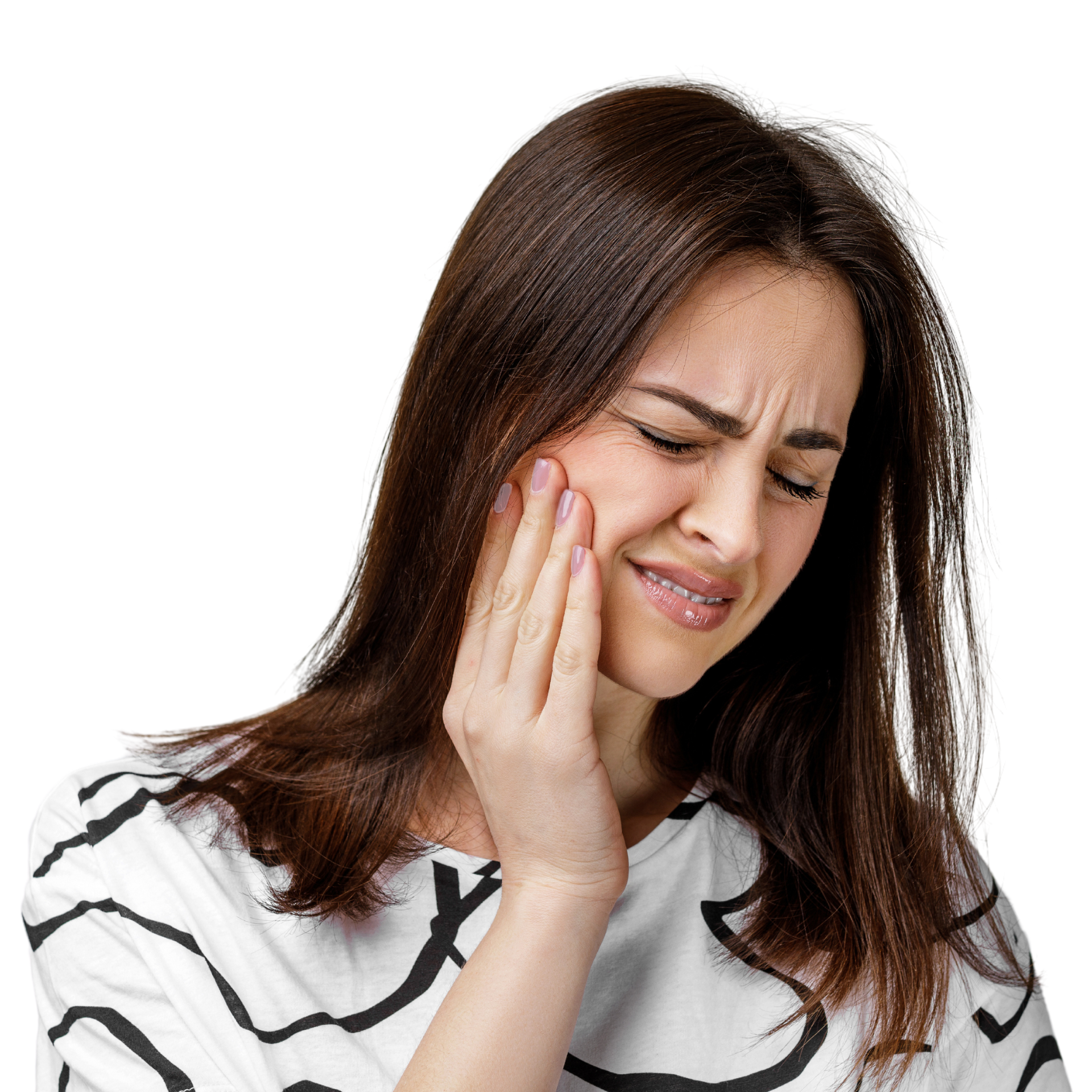 A woman with long hair is smiling with her hands on her face.