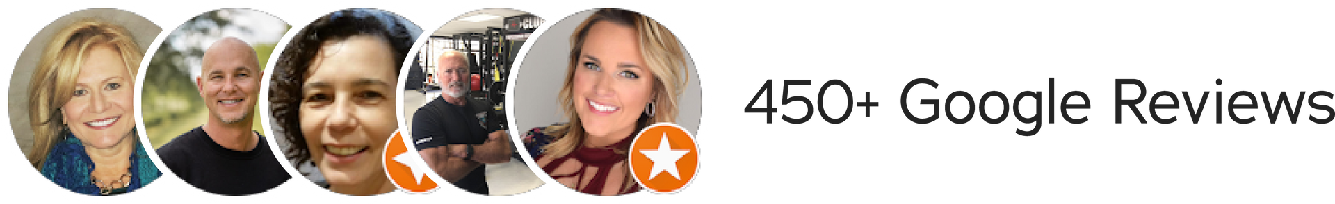 A collage of people's faces next to the words 450 google reviews