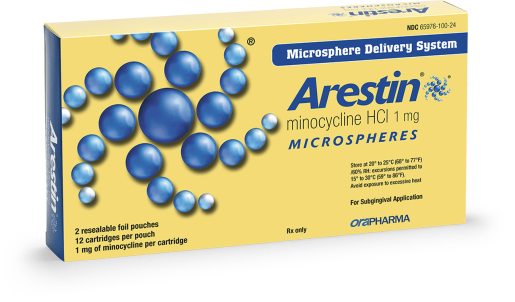 A box of arestin microspheres on a white background