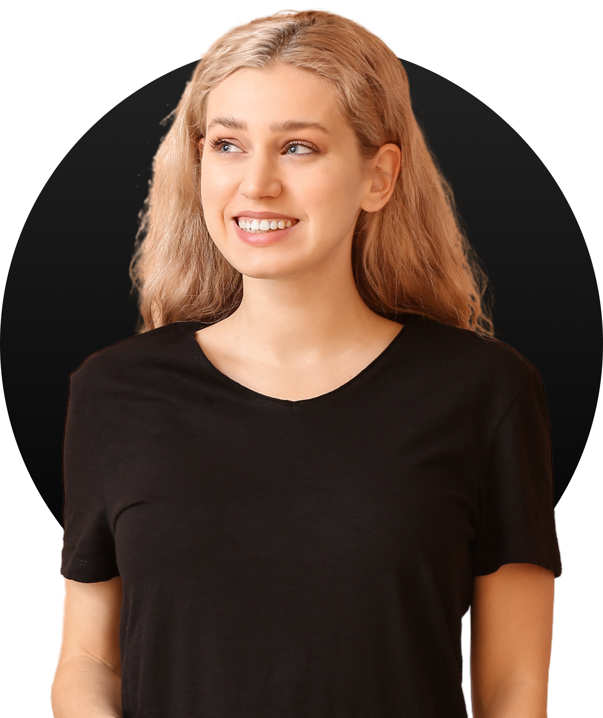 A woman in a black shirt is smiling in front of a black circle