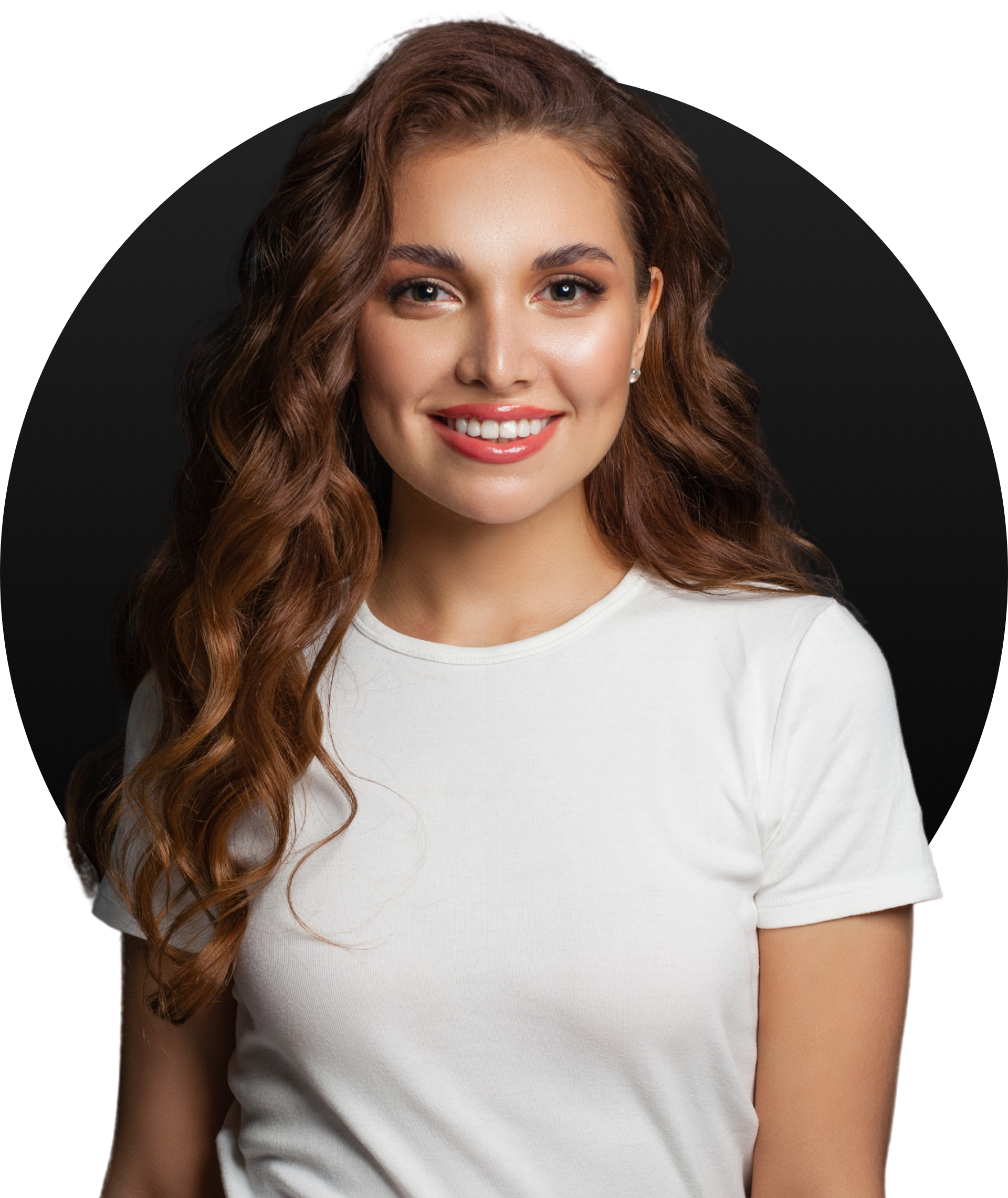 A woman with long curly hair is wearing a white t-shirt