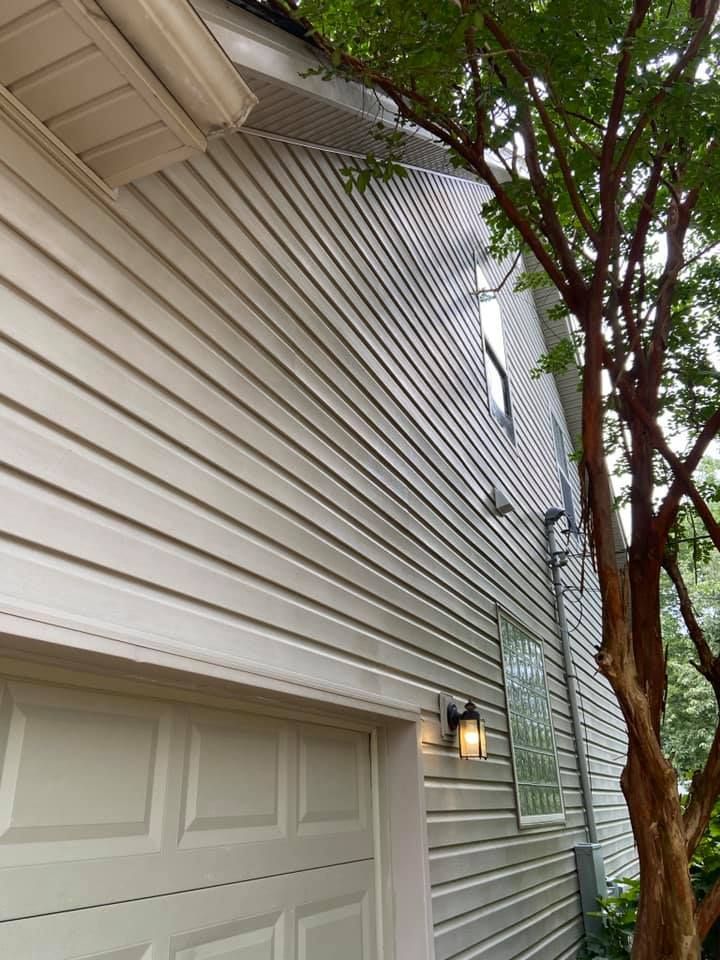 A white house with a garage door and a tree in front of it.