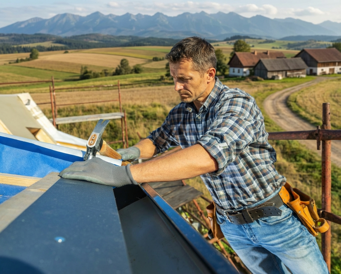 Man on rooftop installing blue roofing, holding tools, rural setting.