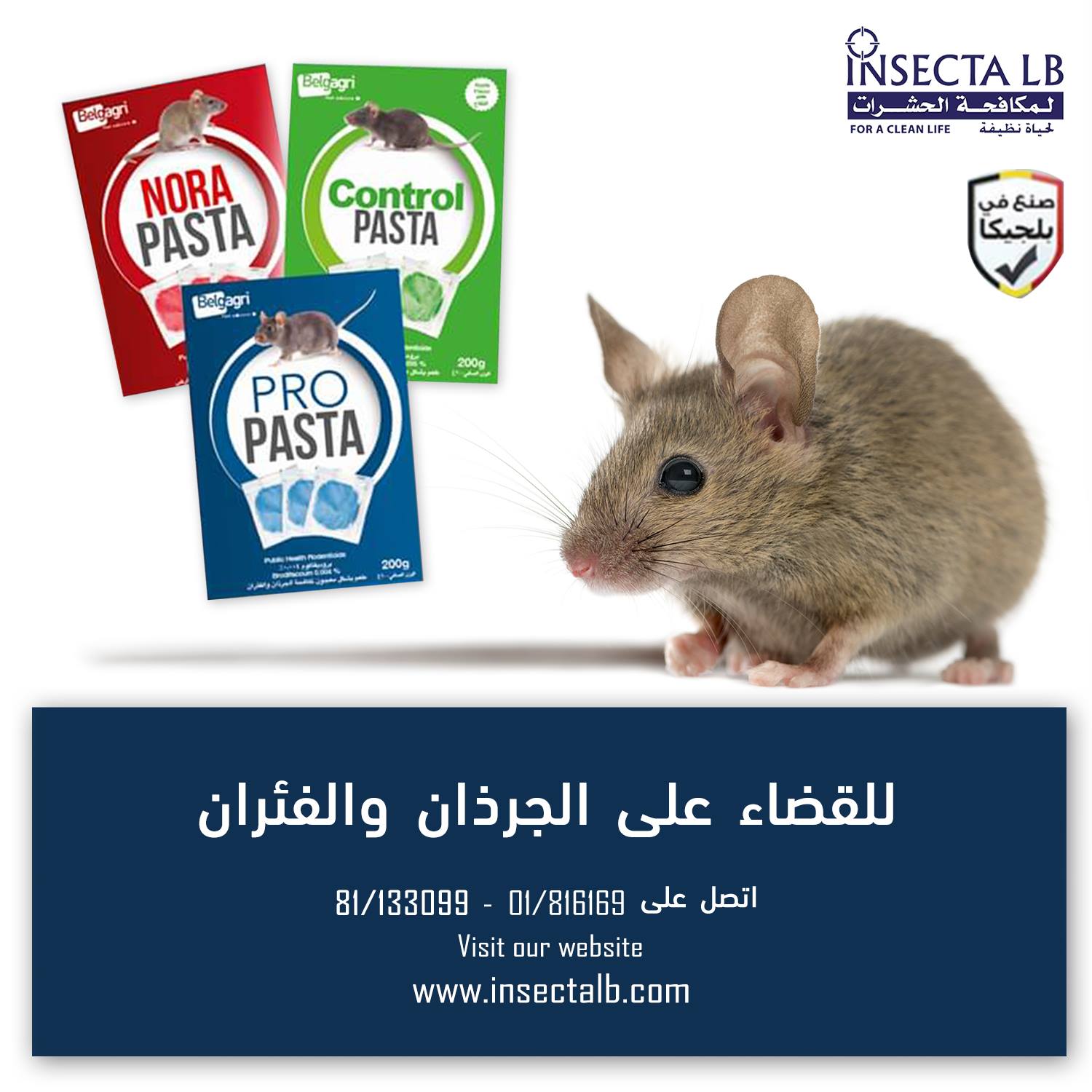 Advertisement for rat and mouse poison with products and a mouse. Text in Arabic.