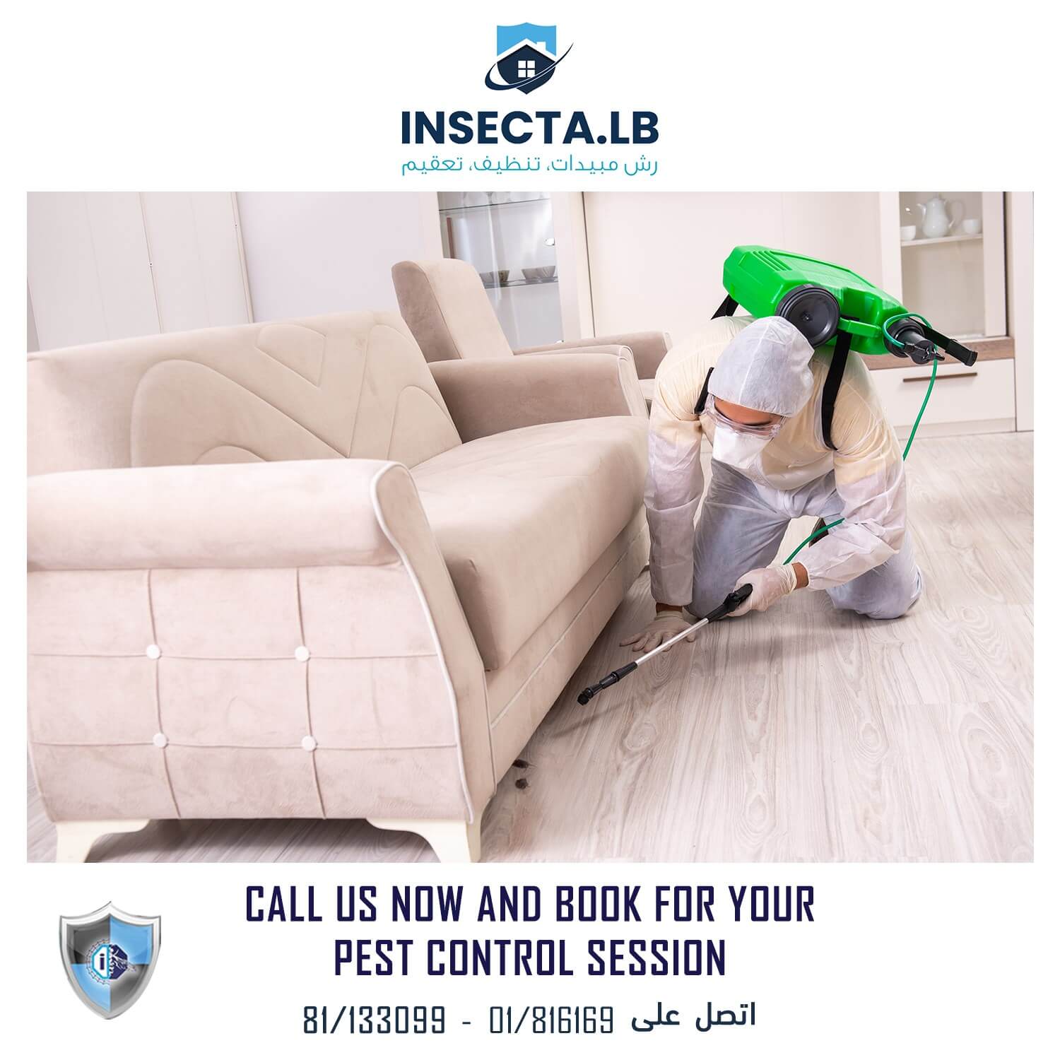 A pest control worker spraying a room. Text: