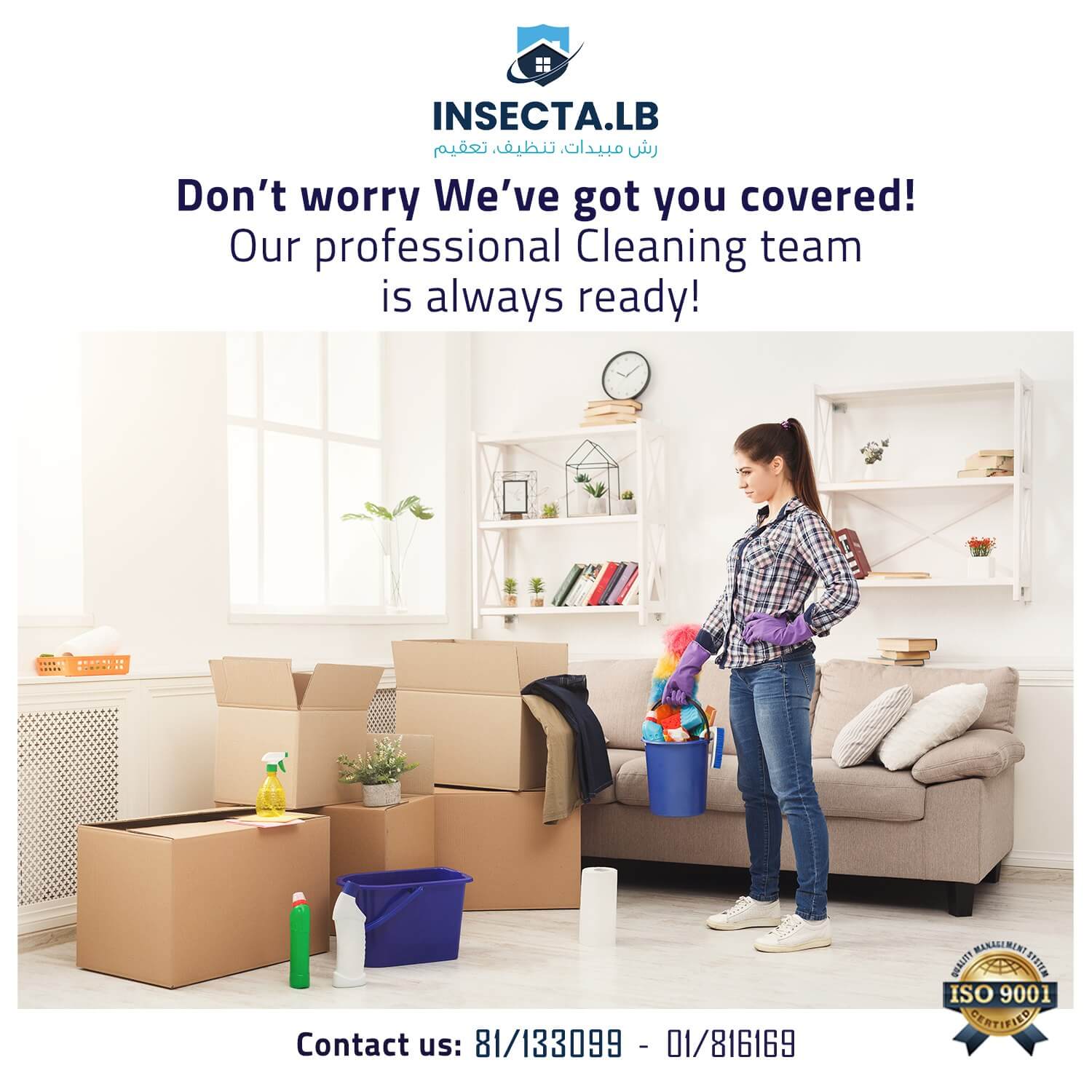 Woman cleaning a room with boxes; ad for Insecta.LB cleaning services; logo and contact info are displayed.