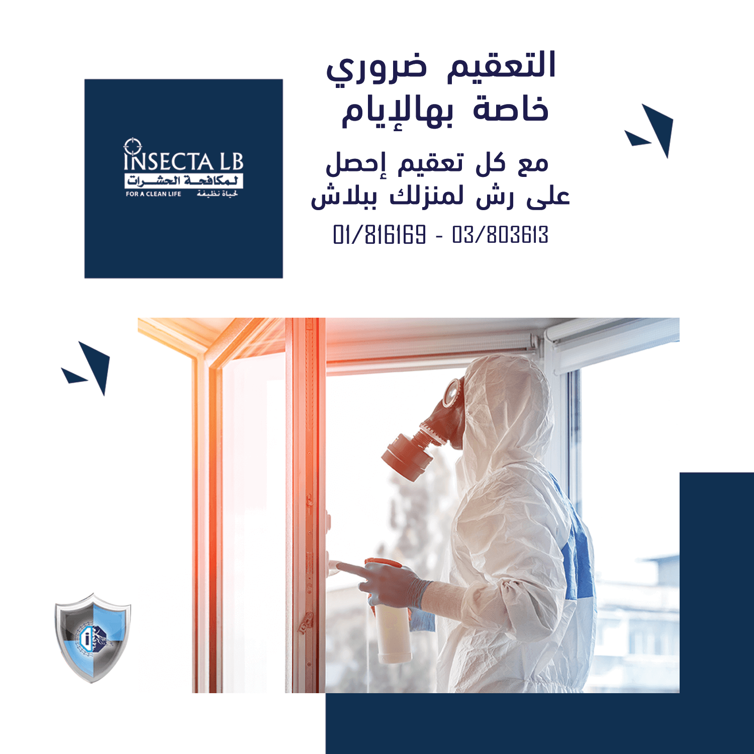 Advertisement for Insecta LB, offering free home spraying with every disinfection. Includes a person in protective gear.