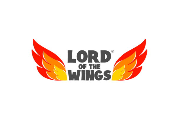 Lord of the Wings logo with fiery wings framing text on white background.