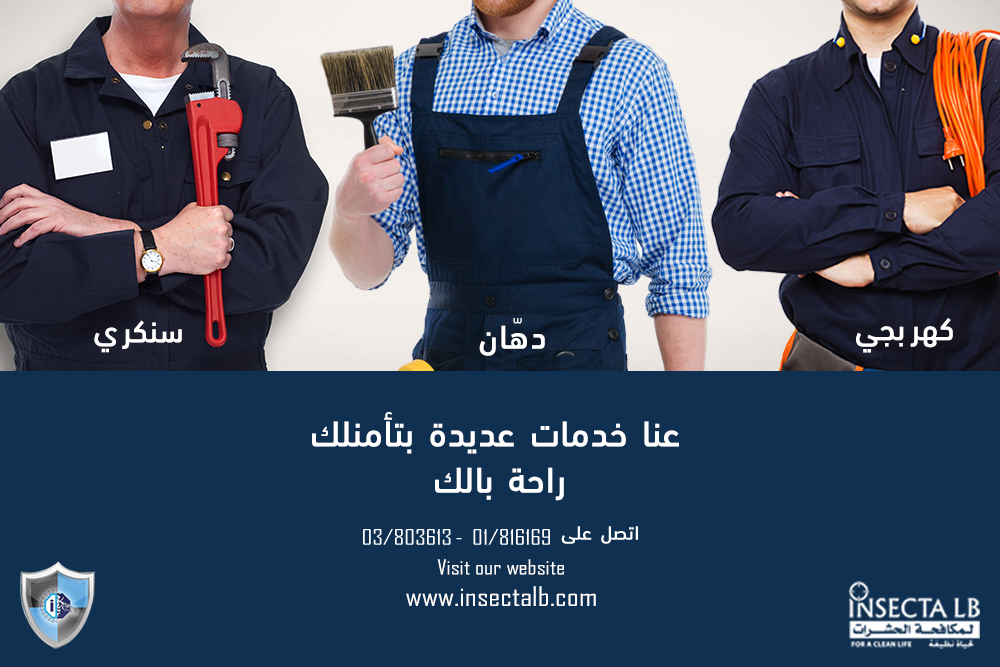 Advertisement with three workers (plumber, painter, electrician). Text in Arabic offers various services for peace of mind.