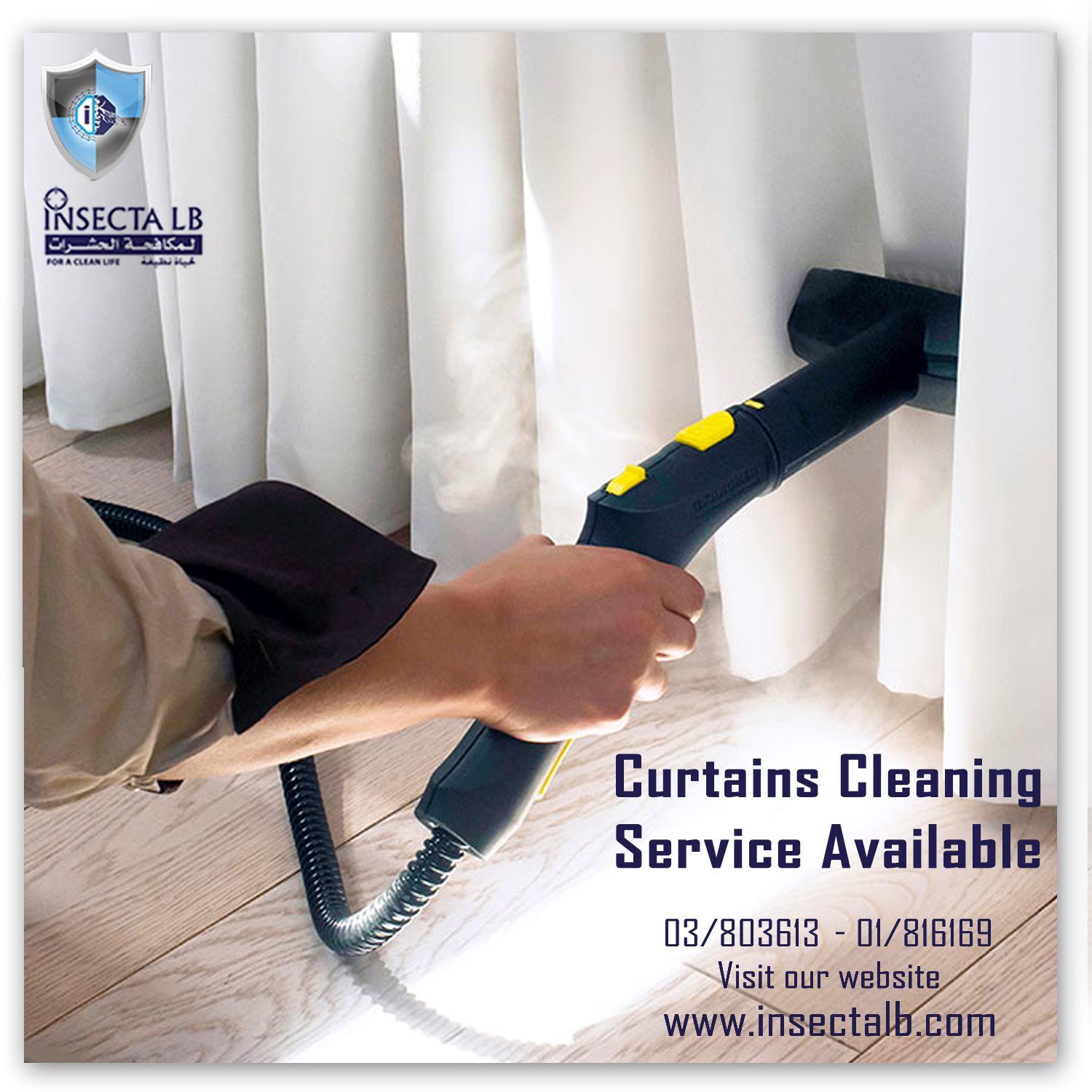 Person steam cleaning white curtains; service advertisement.