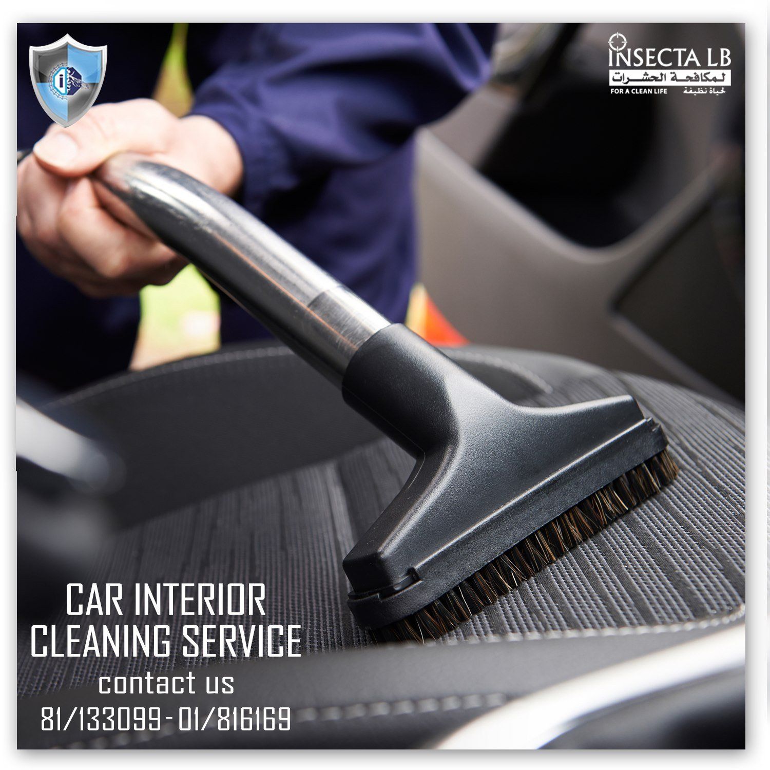 Car interior cleaning service: a person vacuums a car seat. Contact information provided.