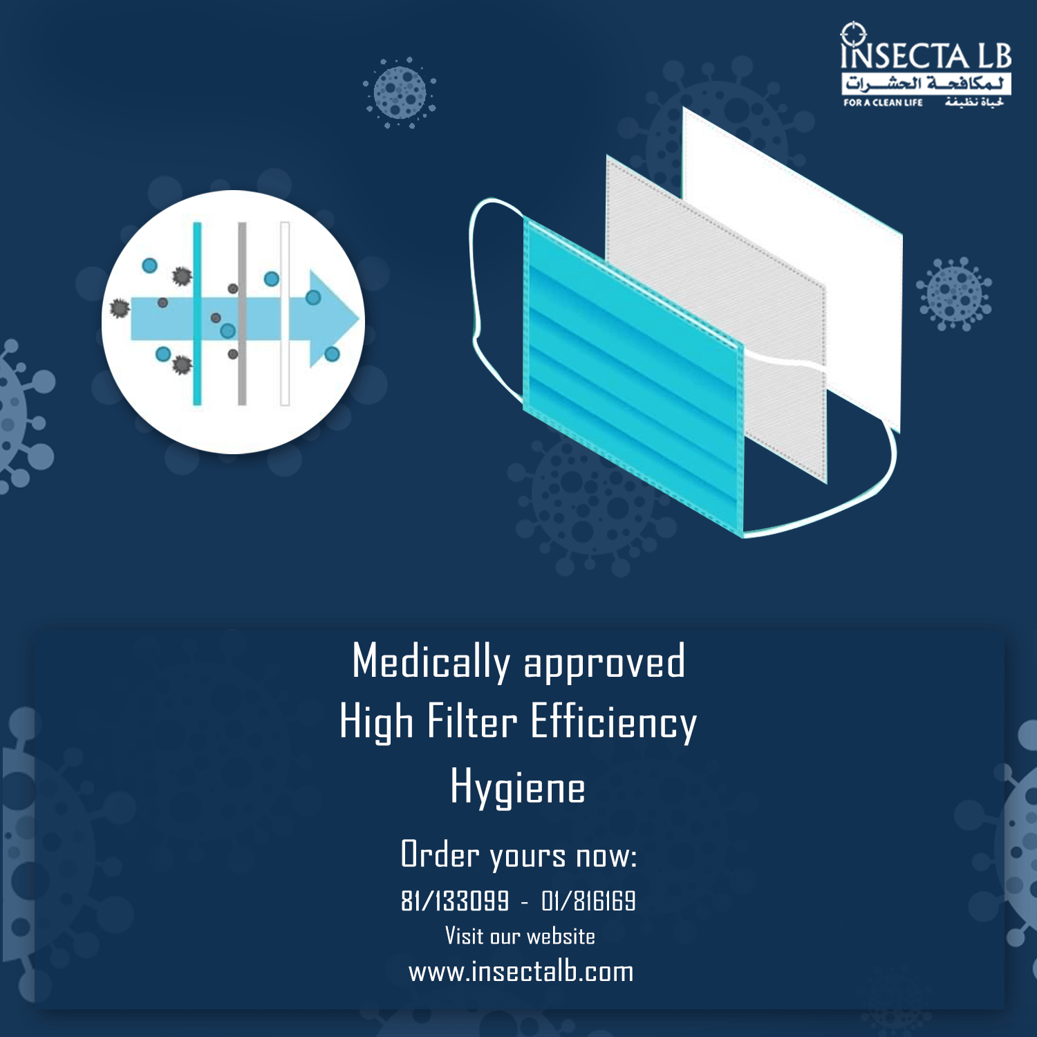 إعلان كمامة طبية: طبقات من الكمامة مع سهم يُشير إلى خاصية الترشيح. نص الإعلان: 